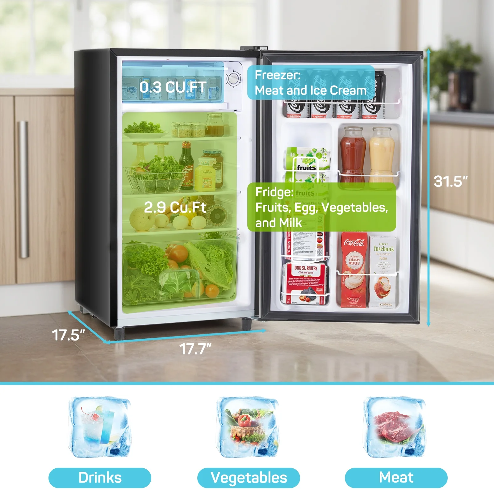 TINKLE WELL 3.2 Cu Ft Mini Fridge with Freezer, Compact Single Door Refrigerator, Energy Efficient, Low Noise, Adjustable Thermostat for Bedroom, Dorm, Office, silver