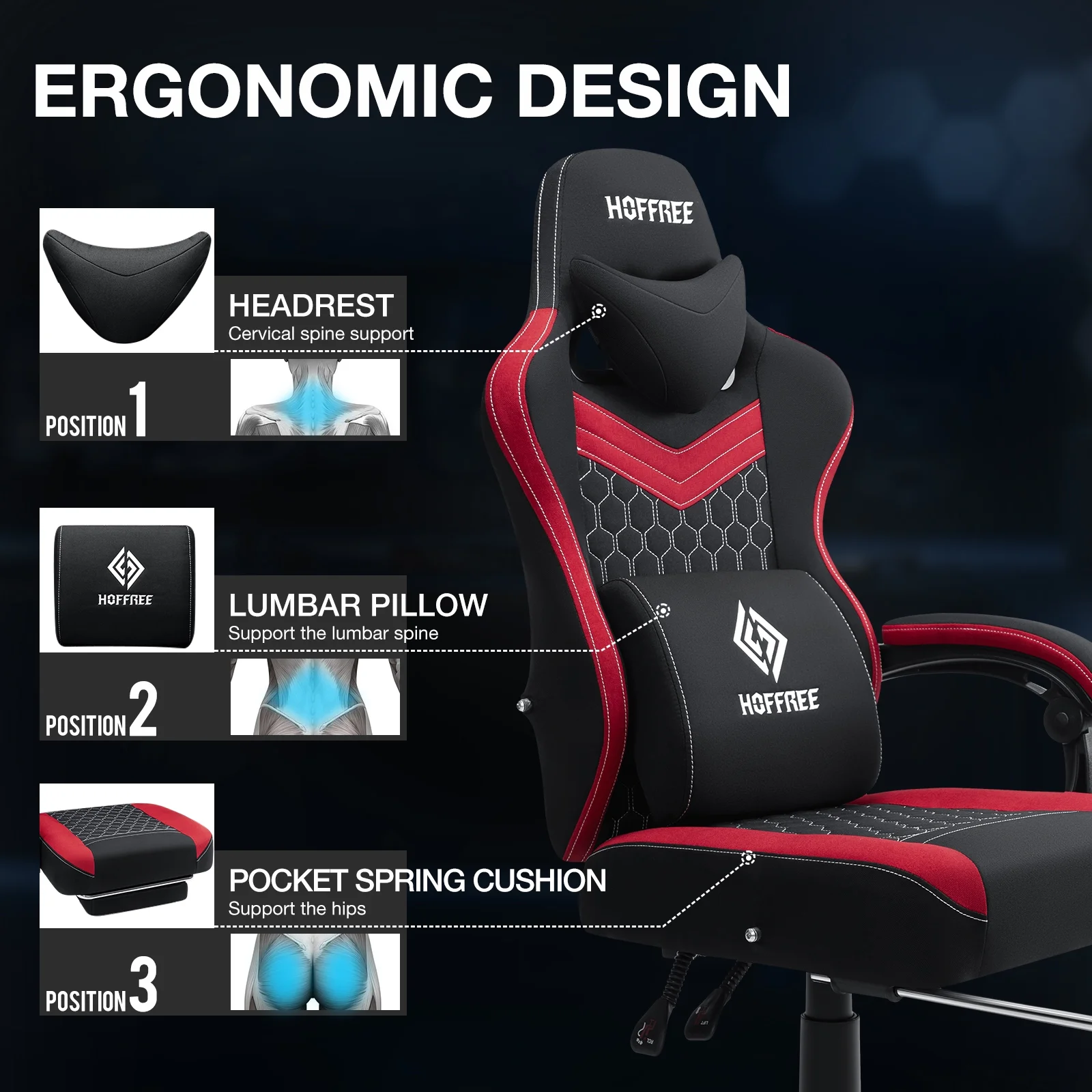 Hoffree Gaming Chair with Speakers Fabric Gamer Chair with footrest and massage Big and Tall Video Game Chair with Headrest and Lumbar Support for Adults