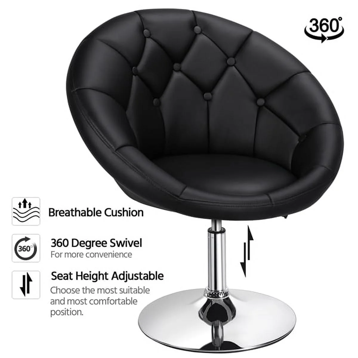 Alden Design Modern Tufted Adjustable Barrel Swivel Accent Chair, Black Faux Leather