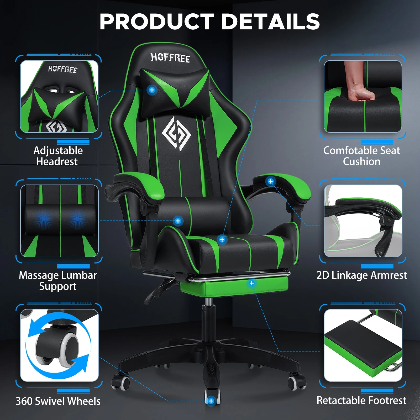 Hoffree Gaming Chair Massage Game Chair with Footrest and Massage Lumbar Support Ergonomic Computer Chair Height Adjustable with Swivel Seat and Headrest