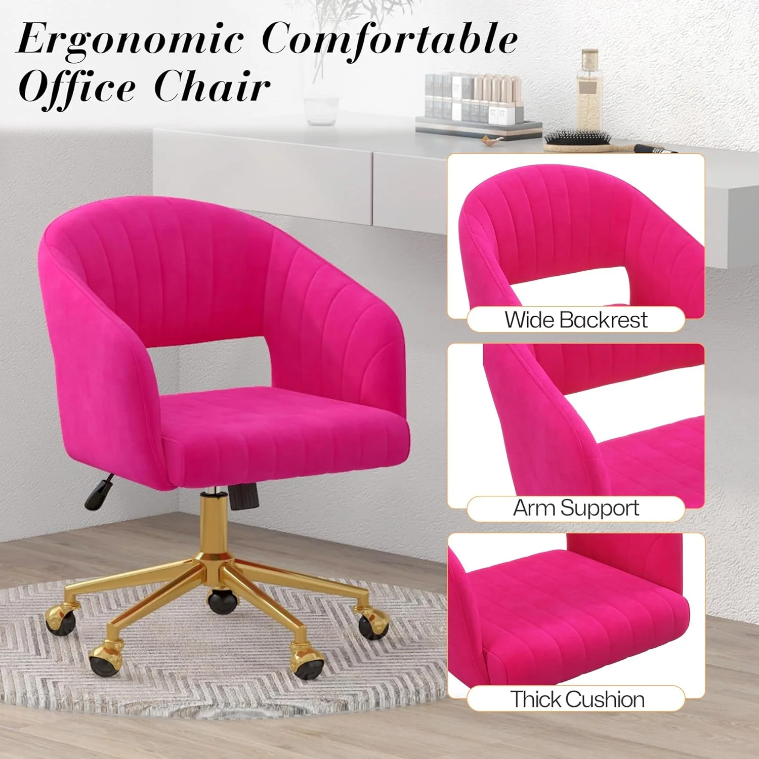 Home Office Swivel Desk Chair, Modern Velvet Vanity Chair, Height Adjustable Armchair with Gold Base, Ergonomic Office Chair for Task Study Computer Room, Beige