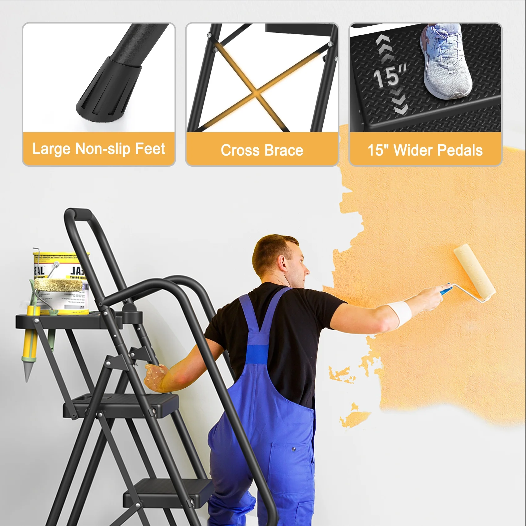 JOZ 5-Step Ladder, 350lbs Portable Folding Ladders for Home, with Handrails and Tool Tray and Anti-Slip Pedal, Black