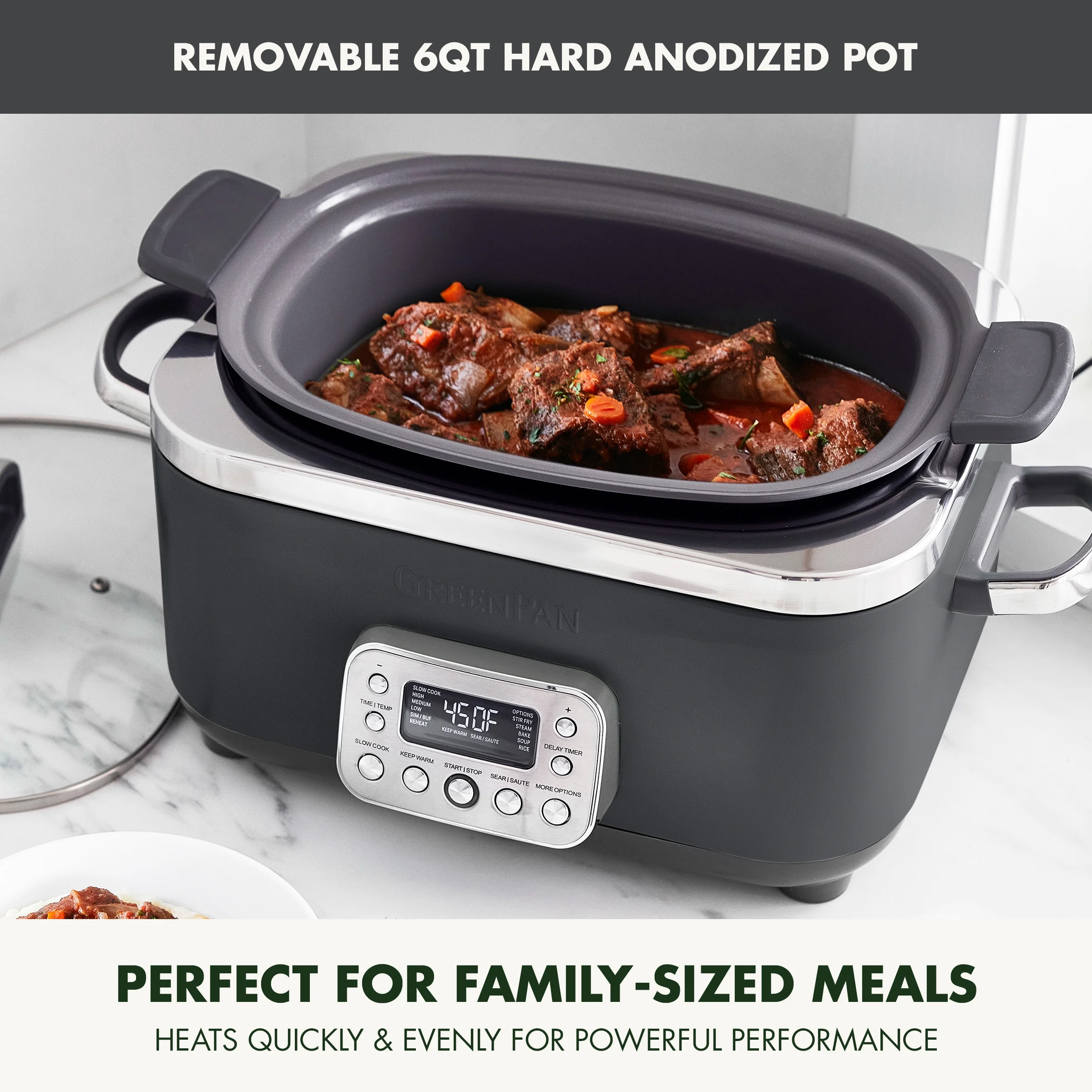 GreenPan 6-Quart, 14-in-1 Slow Cooker, Family Size, Ceramic Nonstick, Dishwasher Safe Parts, Black
