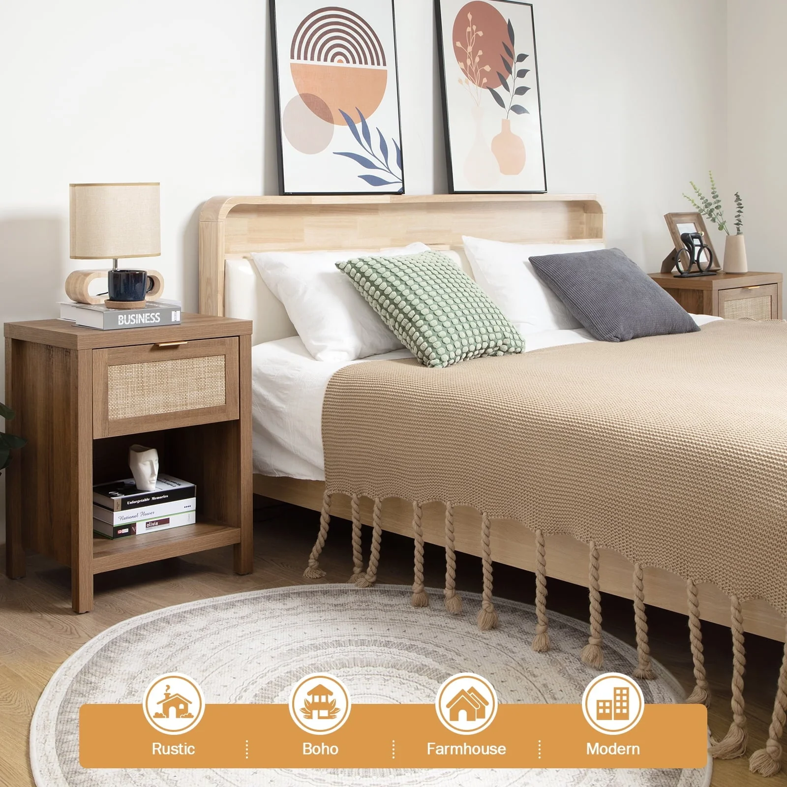 Surmoby Rattan Nightstand Set of 2,Farmhouse Bedside Tables with Drawer and Storage Shelf,Natural Boho End Table Side Table for Bedroom,Living Room