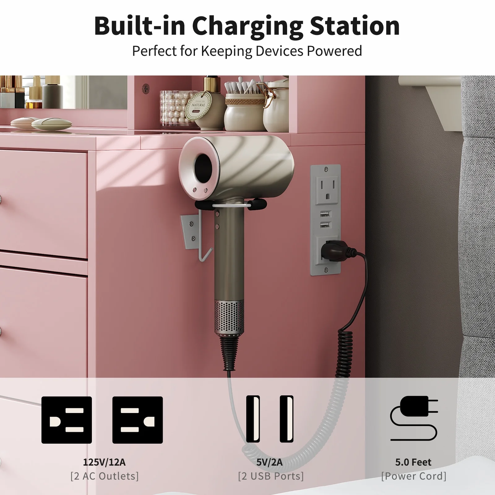 Vanity With Power Outlet, Vanity Desk With Mirror And 10 LED Lights, Makeup Vanity With 12 Drawers And 2 Cabinets, Fold-Up Panel, Glass Top Vanity Table With Chair For Bedroom