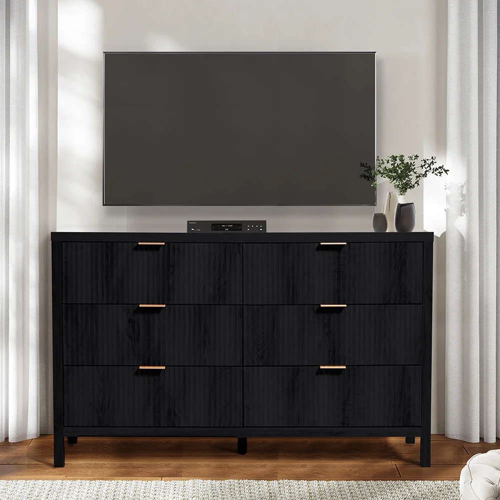 YOCWO Fluted Nightstand for Bedroom Set of 2 , Wood Bedside Table Set of 2 with Drawers, Black