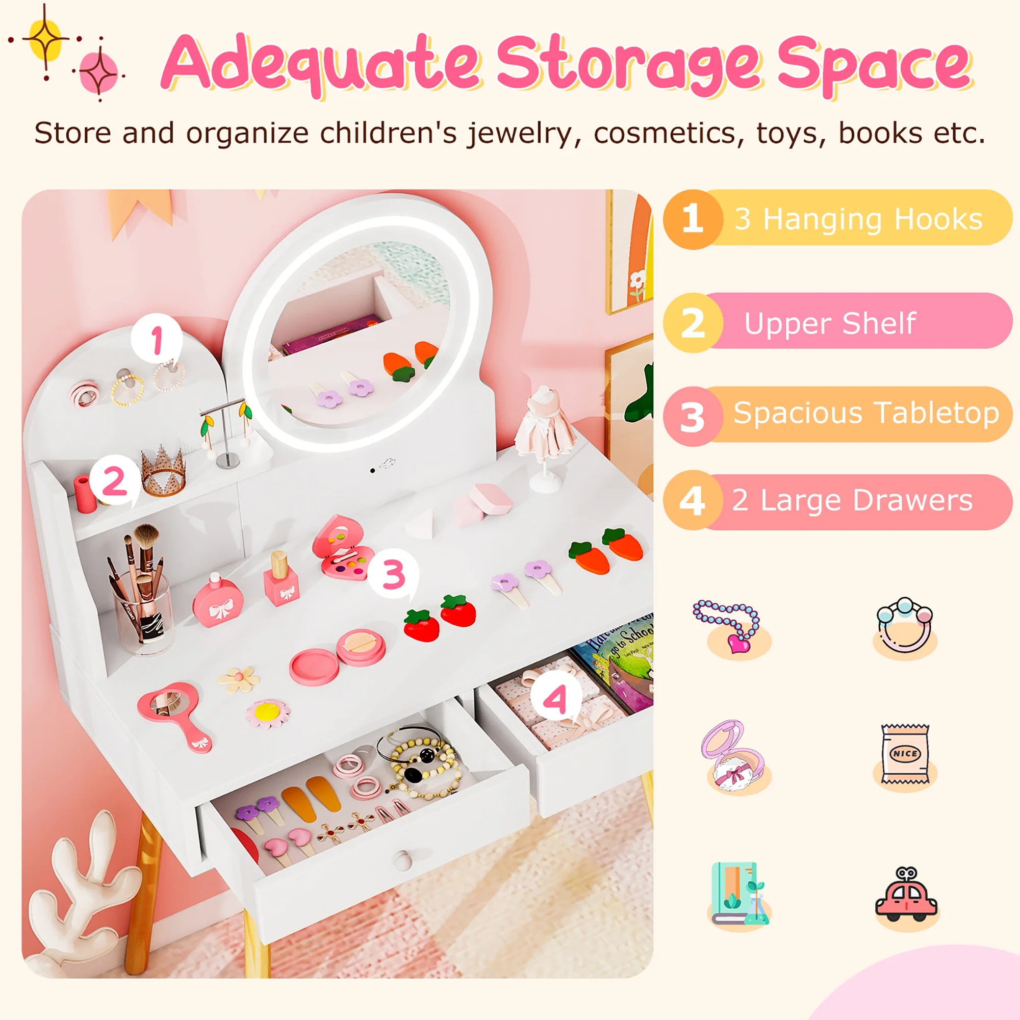 Gymax Kids Vanity Set w/ Lighted Mirror Princess Makeup Dressing Desk & Chair Set White