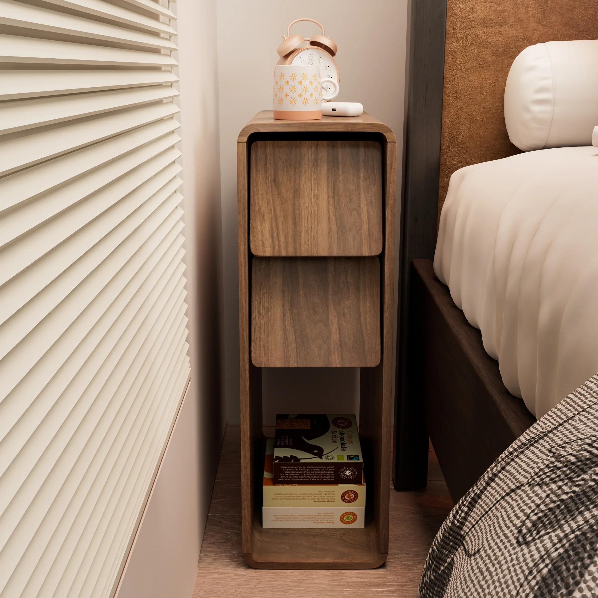 Narrow Nightstand Set of 2 with Drawers, Fluted Slim Side End Table with Storage for Small Spaces