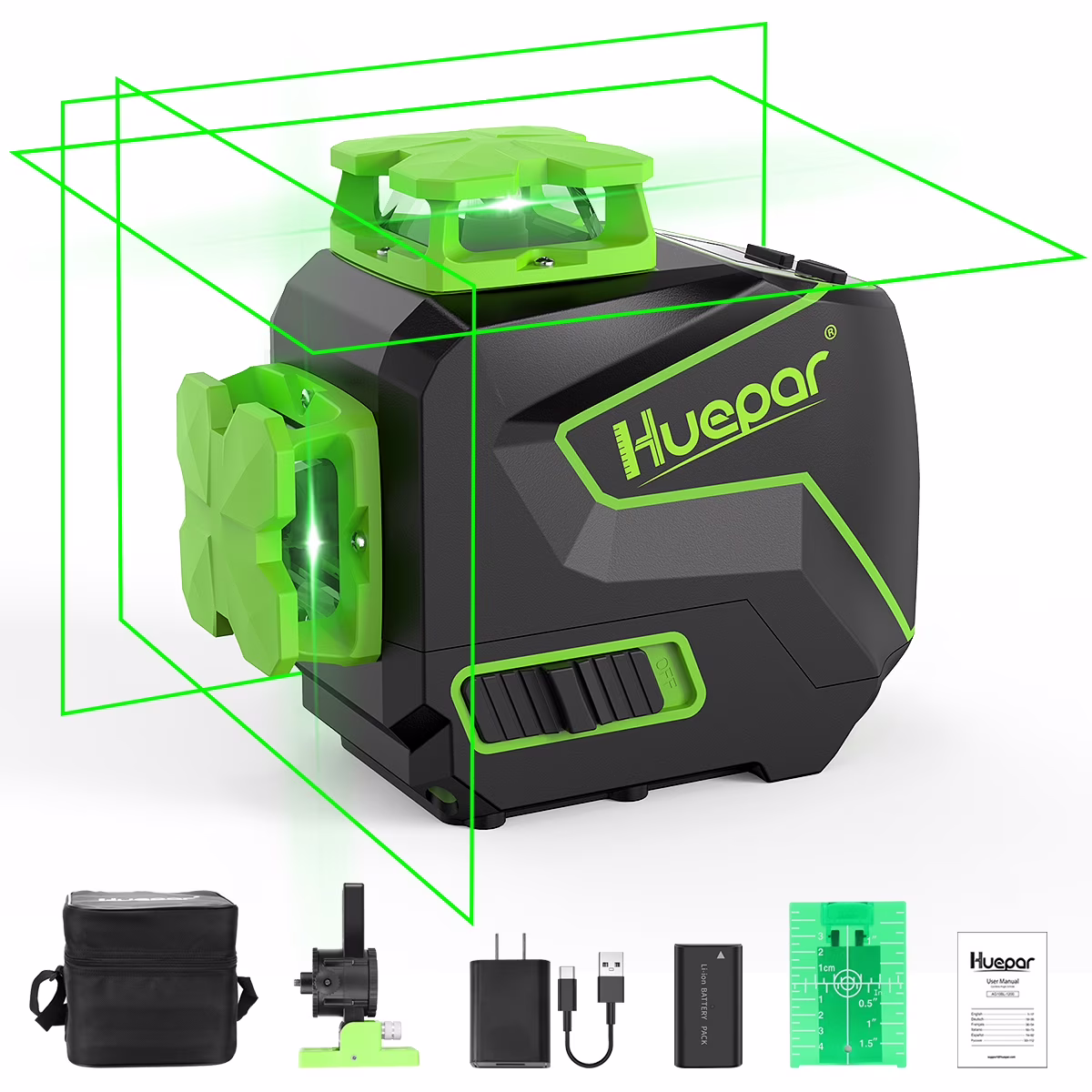 Huepar 3 x 360 Degree Cross Line Laser Level 3D Self-leveling Tiling Floor Green Beam Laser Leveler Tools with Li-ion Battery & Pivoting Base S03DG-L
