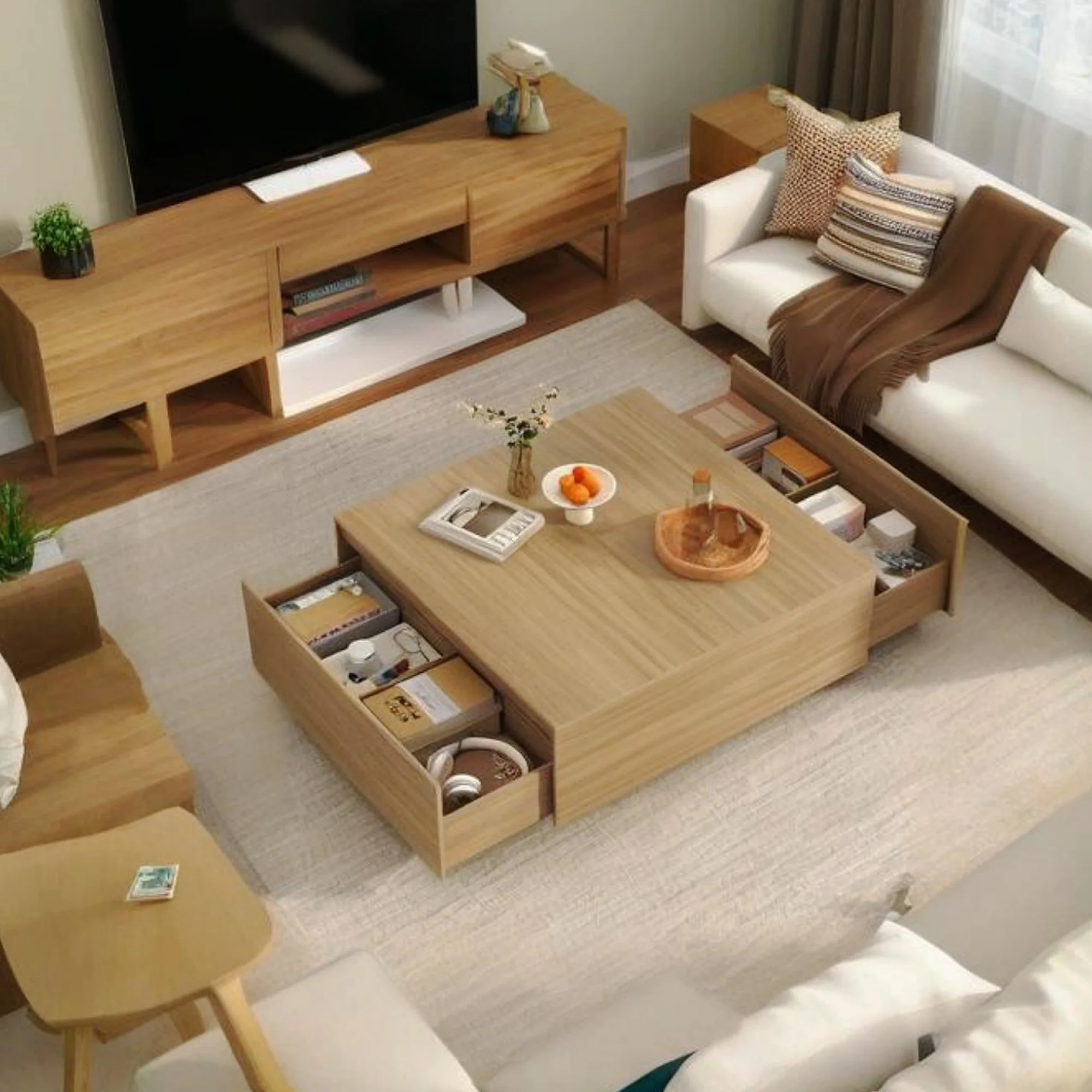 Blotout Square Coffee Table with 2 Large Drawers, 43