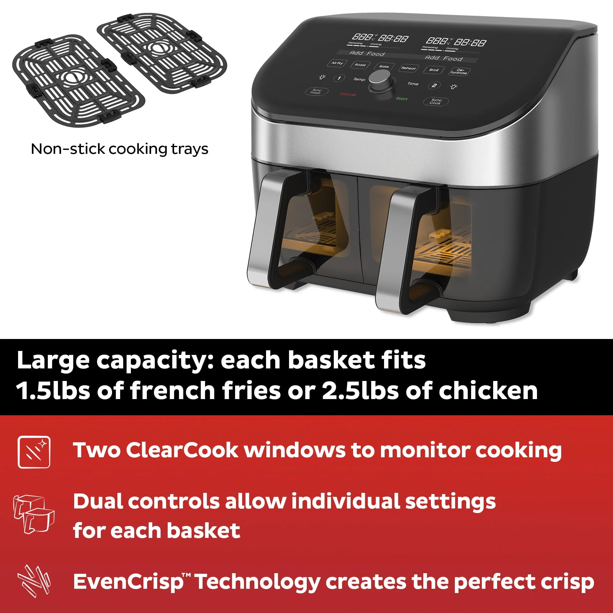 Instant Vortex Plus XL 8-Quart Air Fryer with Dual Baskets and Clear Cooking Windows, Stainless Steel