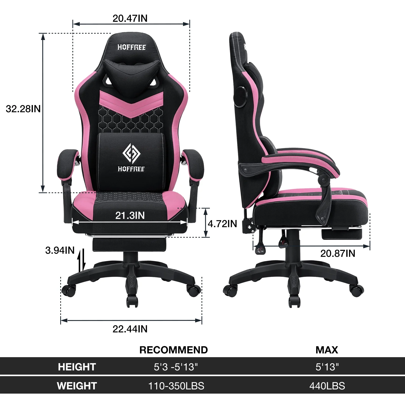Hoffree Gaming Chair with Speakers Fabric Gamer Chair with footrest and massage Big and Tall Video Game Chair with Headrest and Lumbar Support for Adults