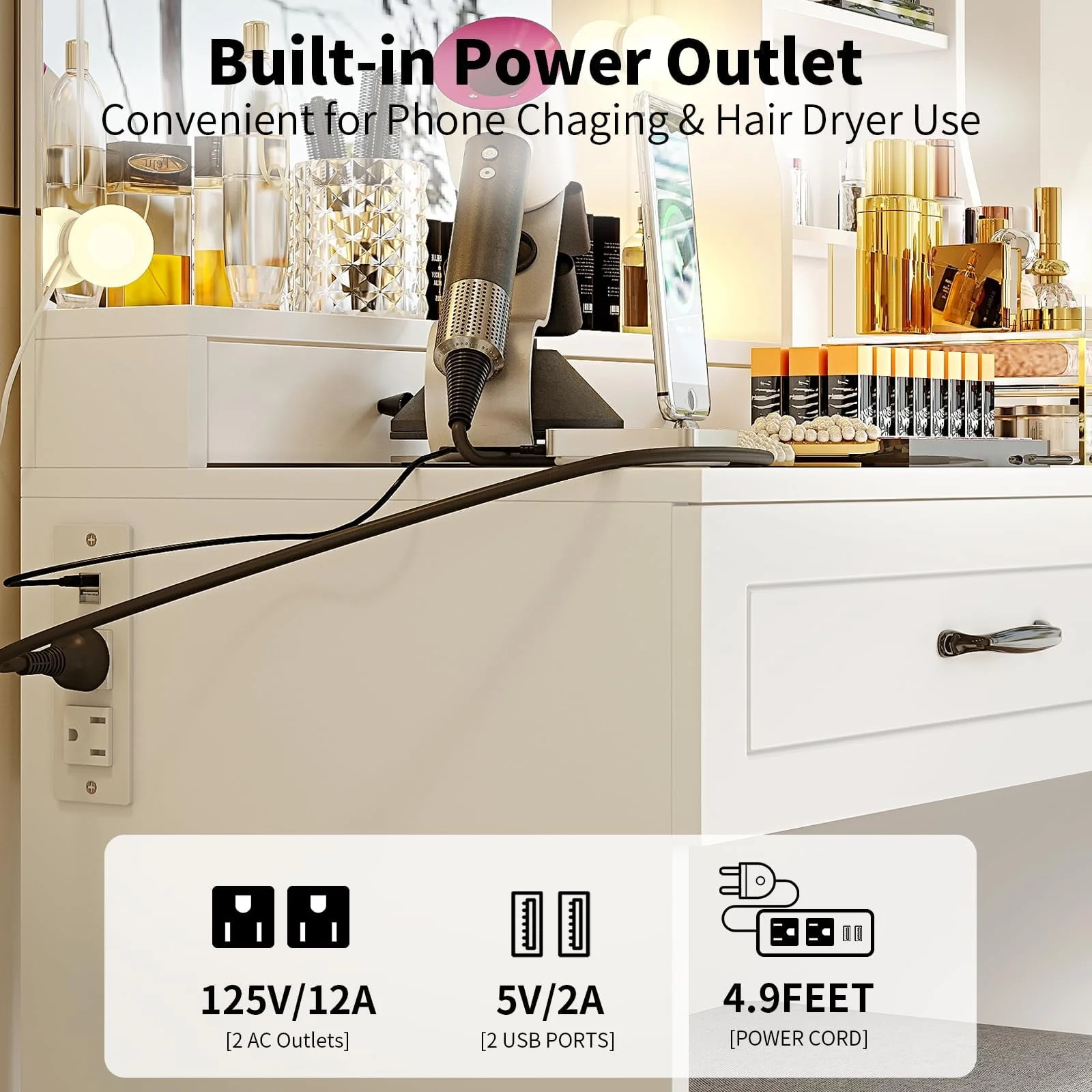 RichYa Makeup Vanity Table with Lighted Mirror Power Outlet Drawers and Cabinet for Bedroom White