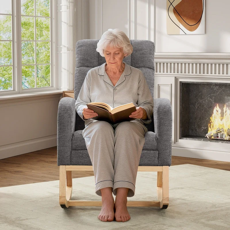 FFH Rocking Chair Nursery, Tufted Accent Rocker Chair, Upholstered Armchair with Adjustable Footrest, Side Pocket, High Backrest, Padded Seat, Polyester Blend (Retro, Dark Gray)