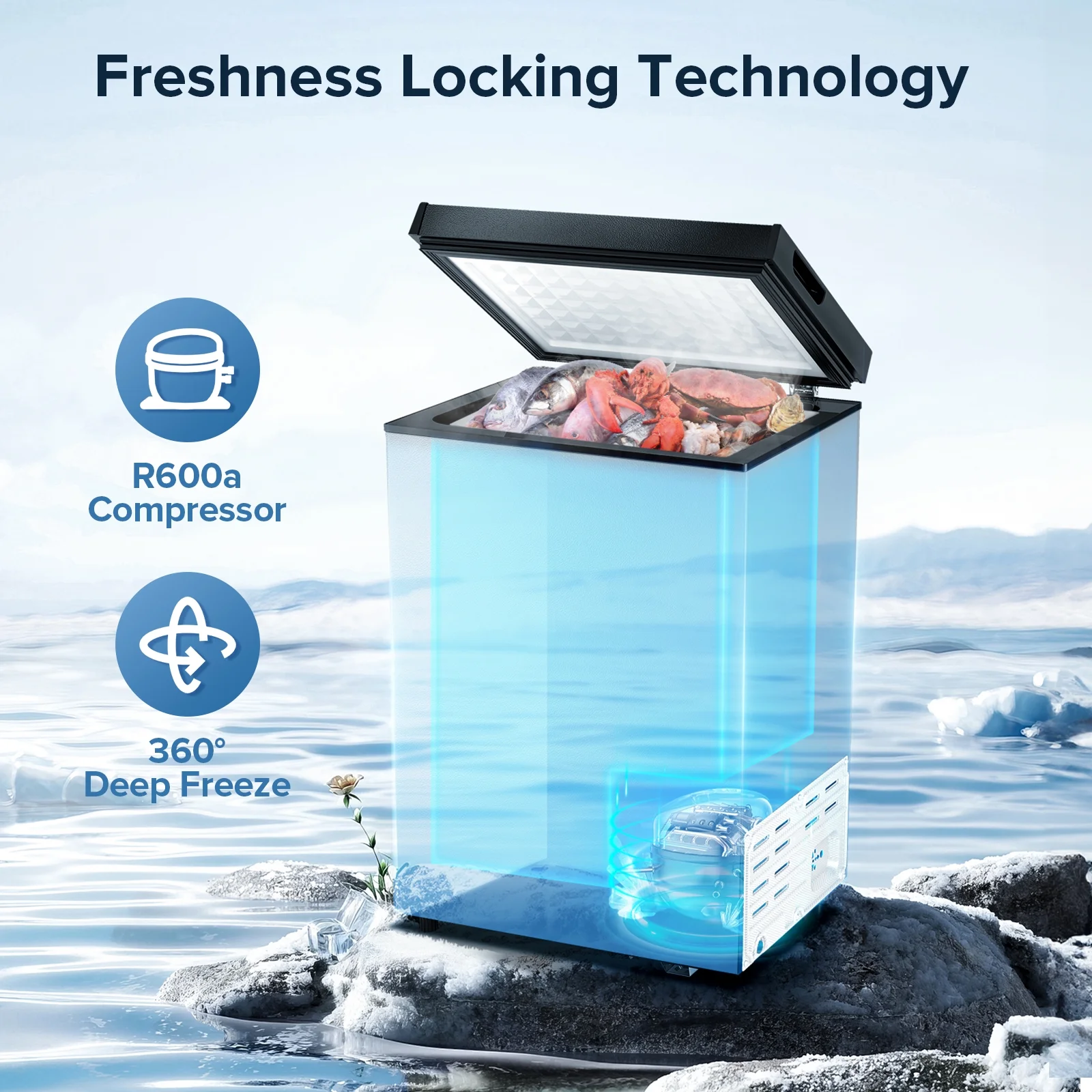 LHRIVER Mini Freezer Chest 3.5 cu ft, Deep Freezer & Side Handle, Compact Freezer with 7 Gear Adjustable Temperature, Removable Storage Basket, Black