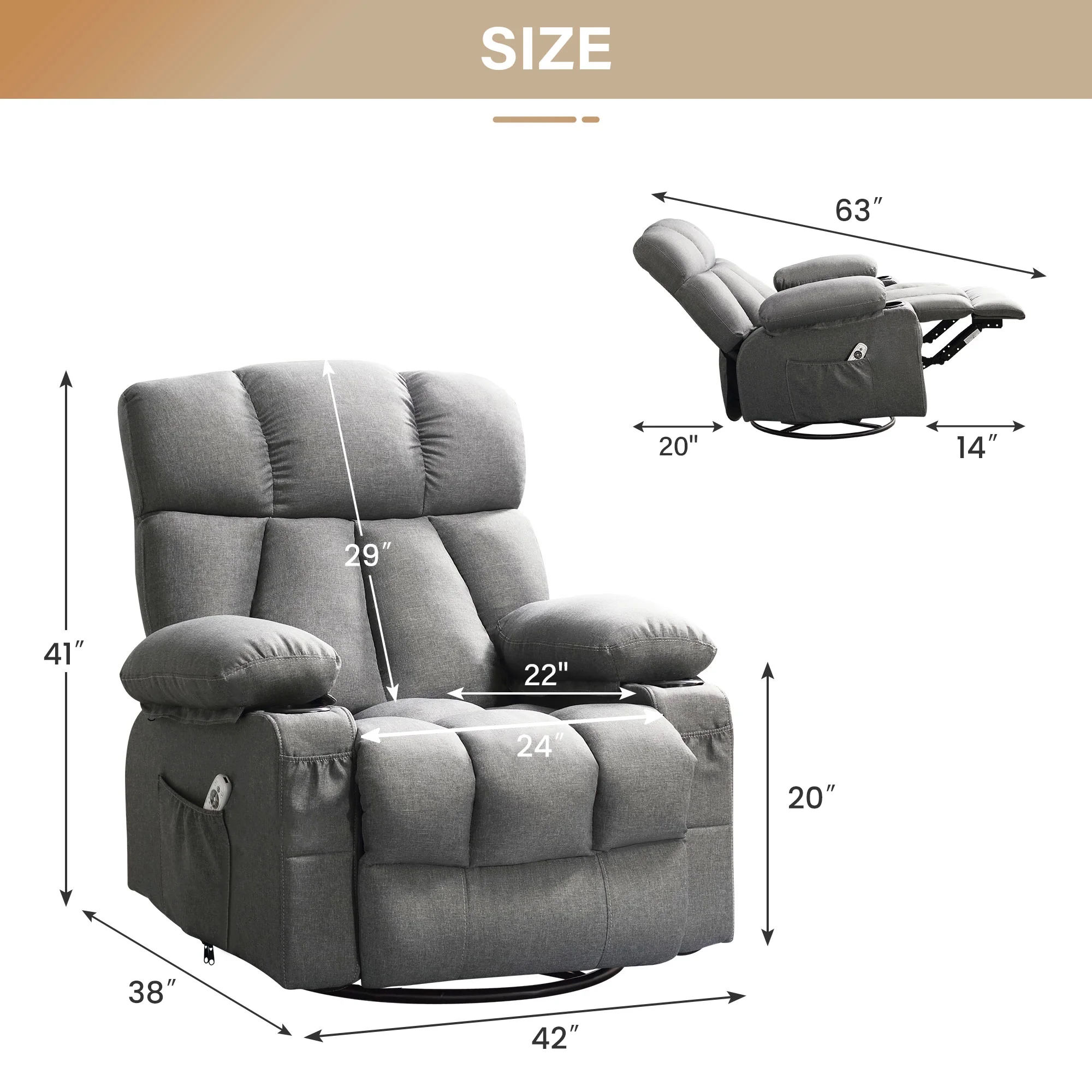 JONPONY Manual Recliner Chair with Heat Therapy and Massage Function, Heavy Duty Reclining Mechanism Massage Chair, Elderly Single Rocker Sofa with Cup Holders for Bedroom Home Theater,Grey