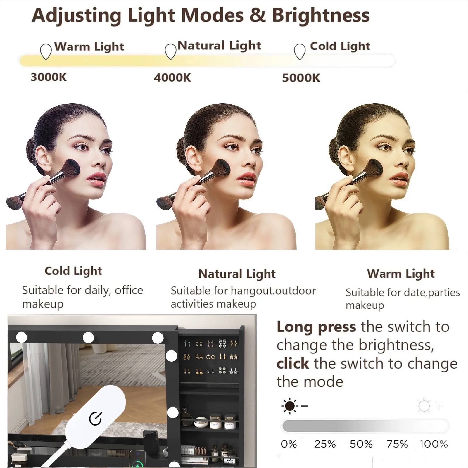 White Vanity Desk with Large Lighted Mirror & Power Outlet, Makeup Vanity Table with Glass Top & Drawers, Sliding Storage, 44.1