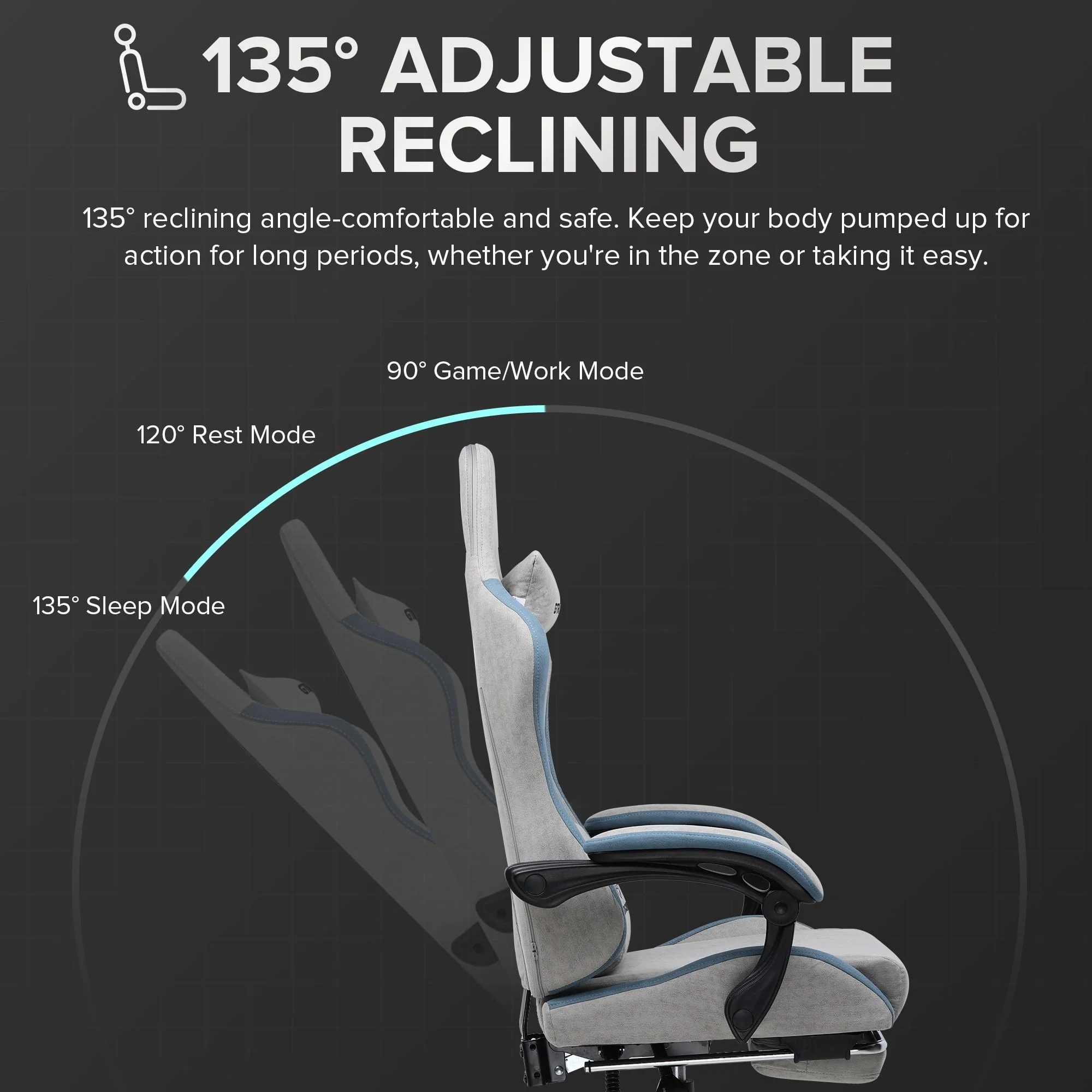 GTRACING Ergonimic Fabric Reclining Gaming Chair with Footrest and Linkage Armrests, Gray