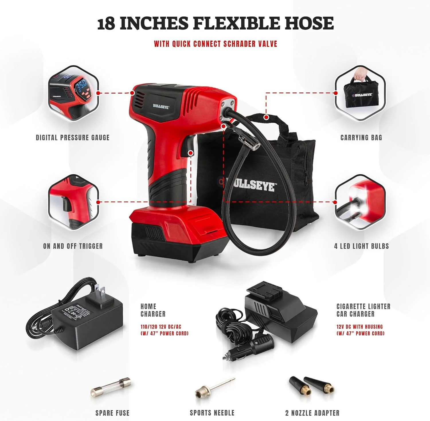 Bullseye Pro Max Deluxe Tire Inflator Portable Air Compressor, Portable Air Pump for Car Tires, Car Tire Inflator Portable - 150PSI, 12V DC 2000 mAhs, Tire Pressure Gauge, Rechargeable As Seen On TV