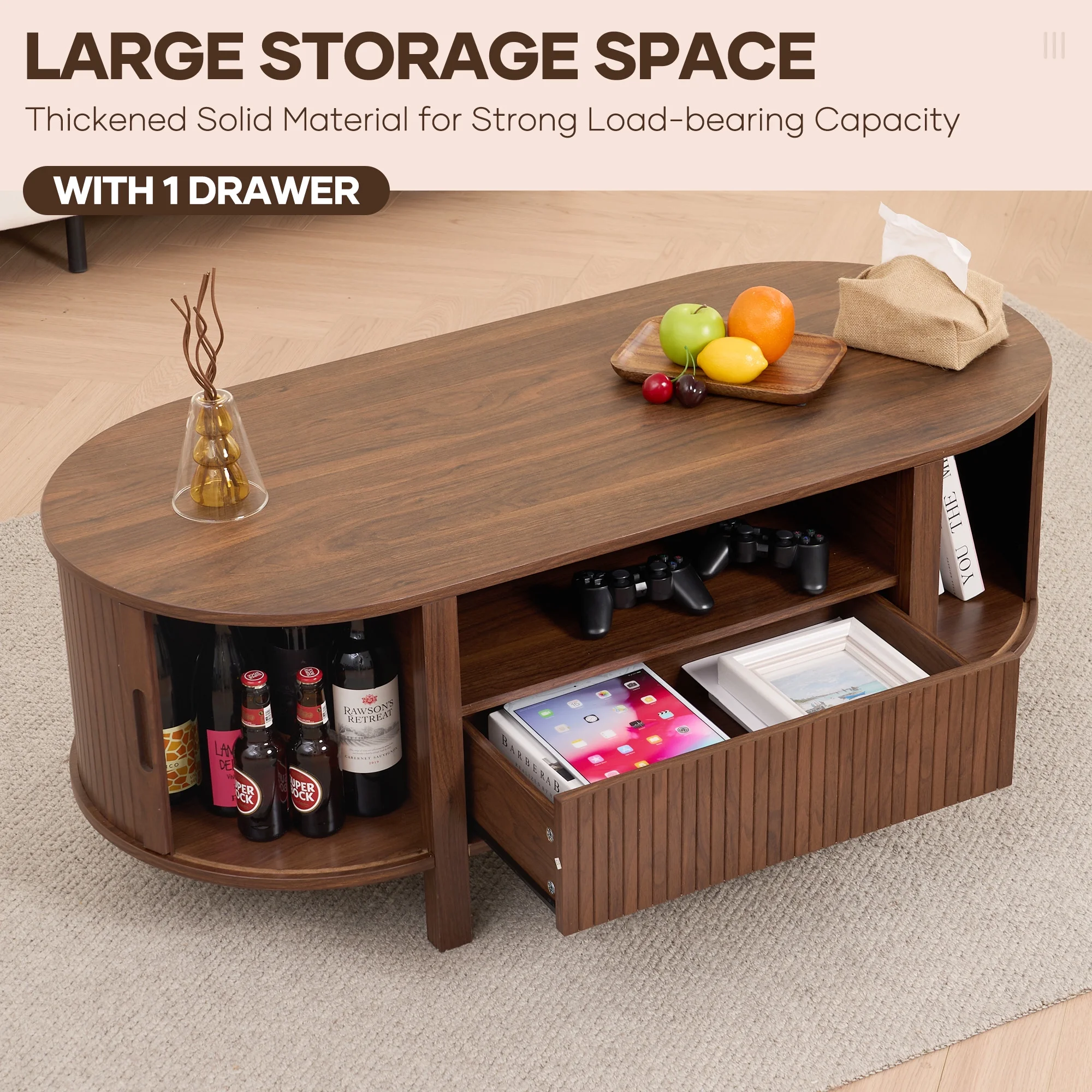 MARNUR Coffee Table with Storage, Tambour Sliding Door, Open Shelf, Mid Century Modern Center Table with Drawer for Living Room, Walnut