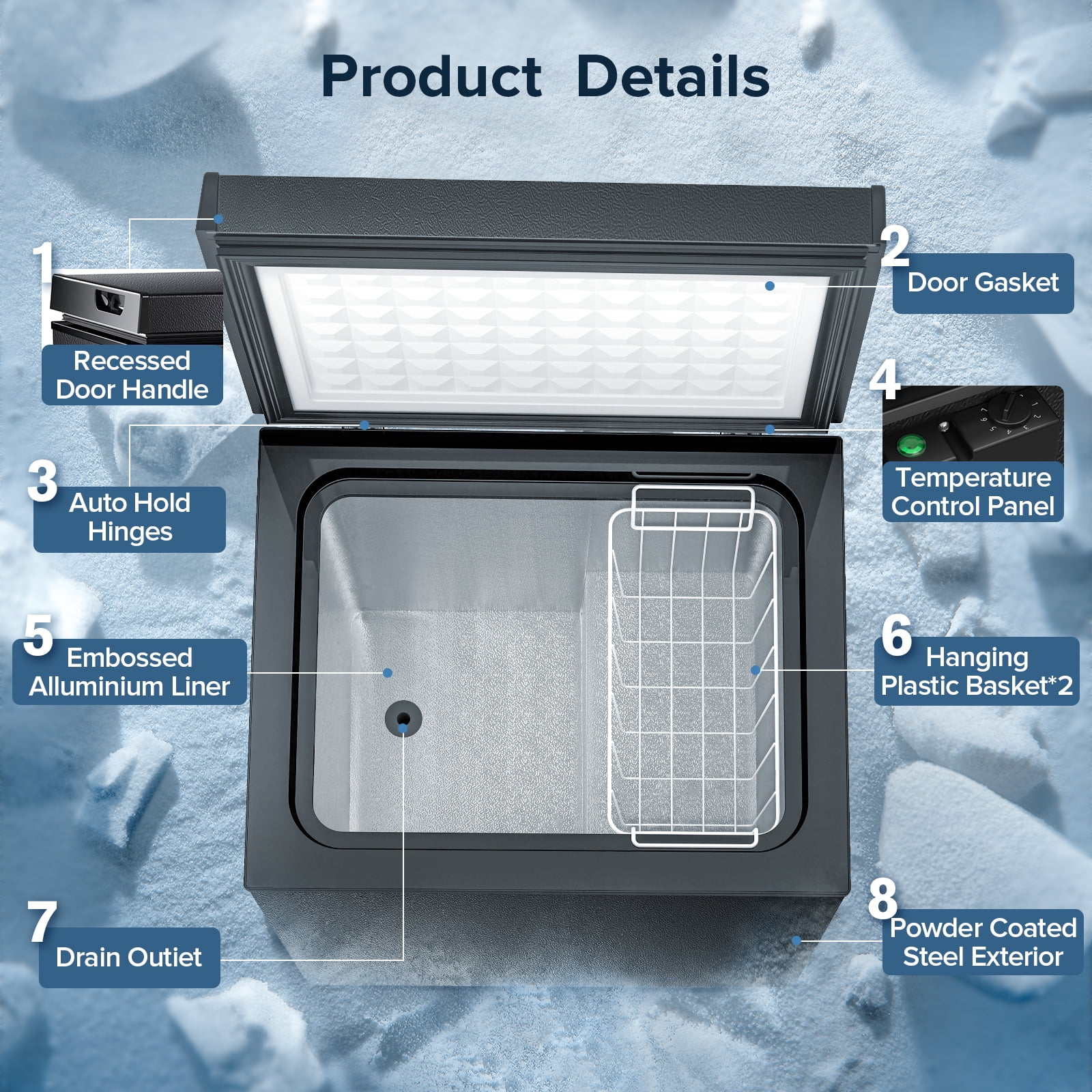 LHRIVER Mini Freezer Chest 3.5 cu ft, Deep Freezer & Side Handle, Compact Freezer with 7 Gear Adjustable Temperature, Removable Storage Basket, Black