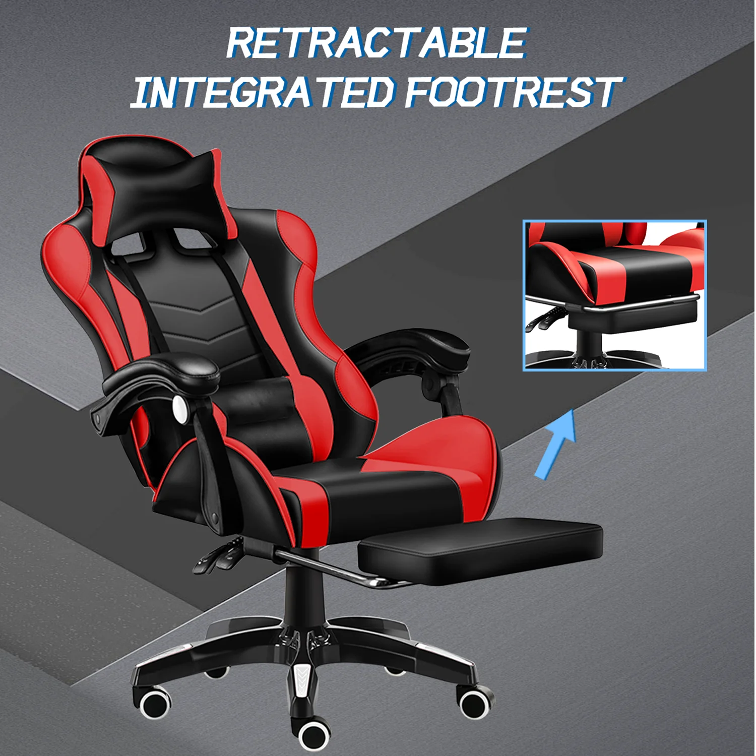 Gaming Chair with Adjustable Footrest,Eighteentek High Back Office Chair with Lumbar Support & Adjustable Headrest Video Game Chairs for Adults Black