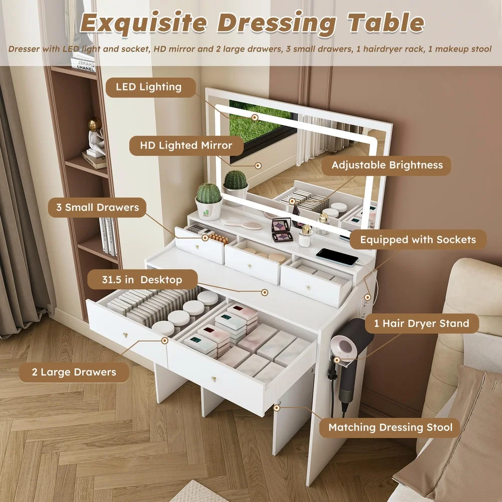 Kadyn Vanity Desk with Lighted Mirror, Vanity Table and Chair Set with 2 Drawers, Dressing Table Makeup Desk with 1 Door, Retro Gray