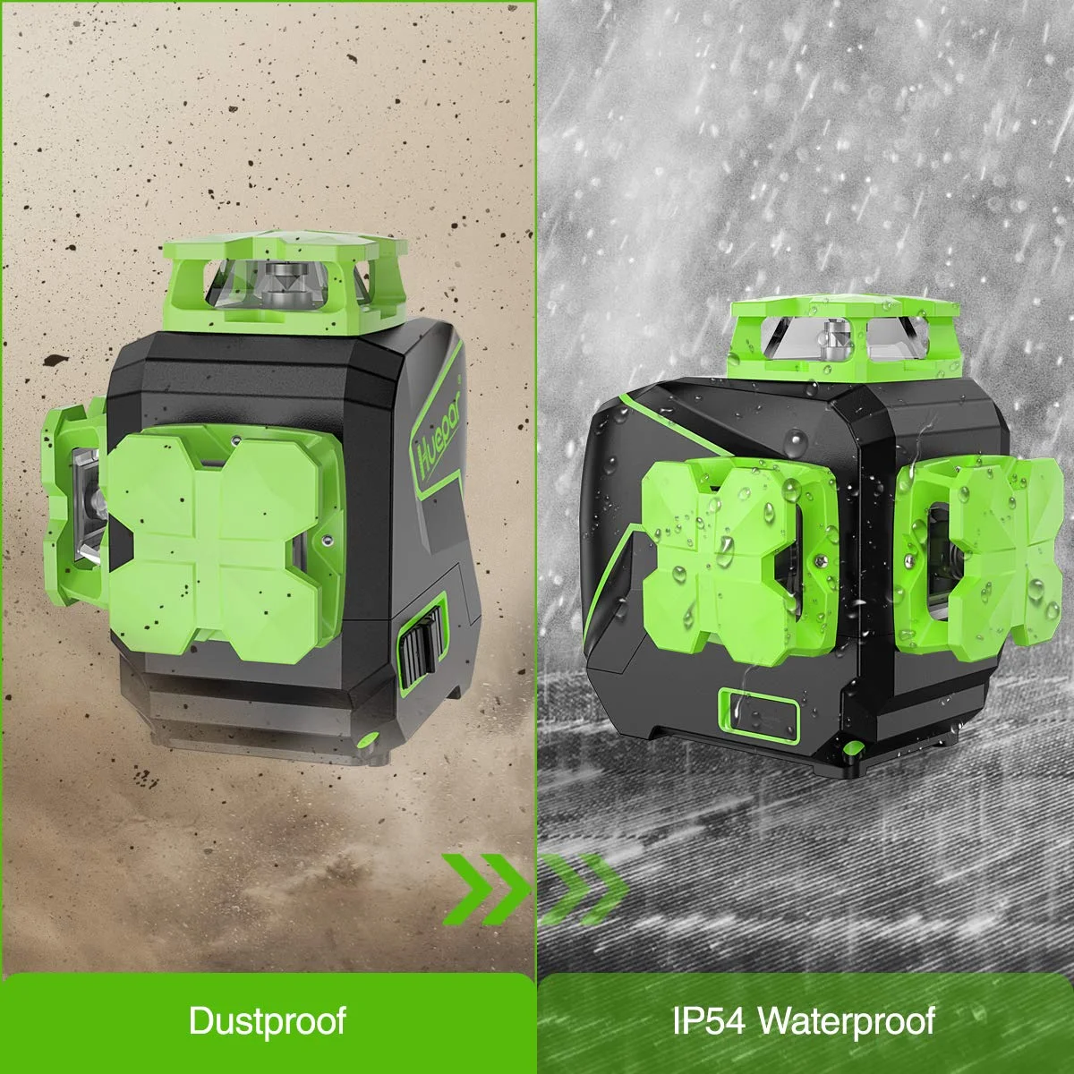 Huepar 3 x 360 Degree Cross Line Laser Level 3D Self-leveling Tiling Floor Green Beam Laser Leveler Tools with Li-ion Battery & Pivoting Base S03DG-L