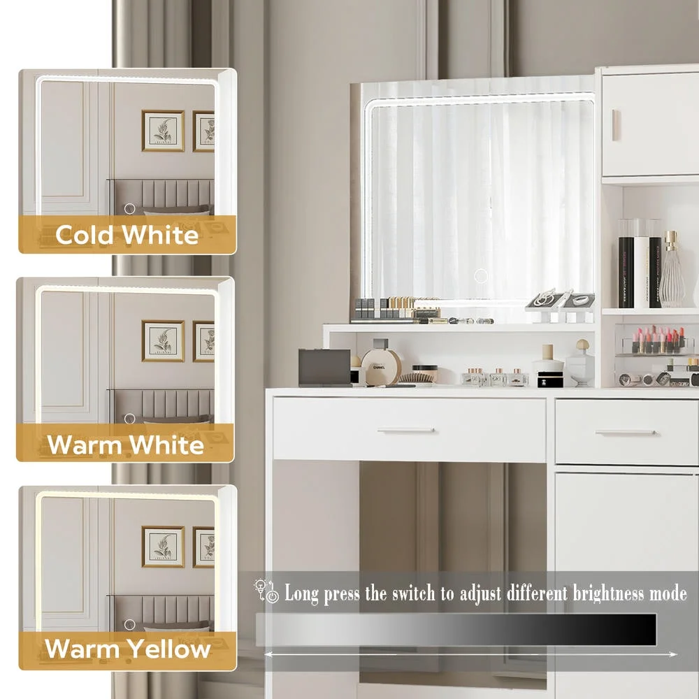 Kadyn Vanity Desk with Lighted Mirror, Vanity Table and Chair Set with 2 Drawers, Dressing Table Makeup Desk with 1 Door, Retro Gray