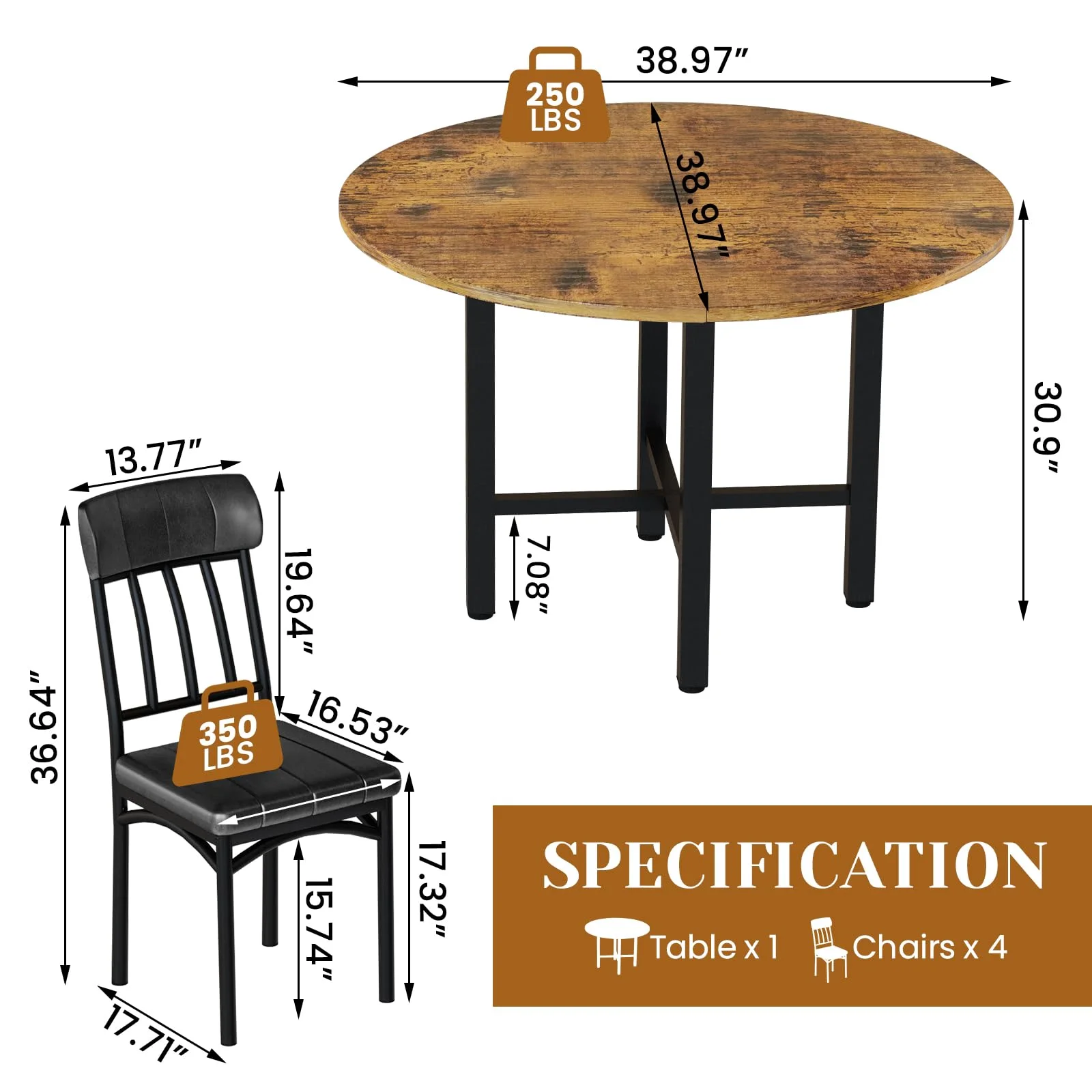 Furlinkhm Round Dining Table Set for 4, Wood Round Kitchen Table and Chairs Set for 4, Modern Dining Room Table Set with 4 Faux Leather Chairs, Round Dinner Table for Small Space, Walnut