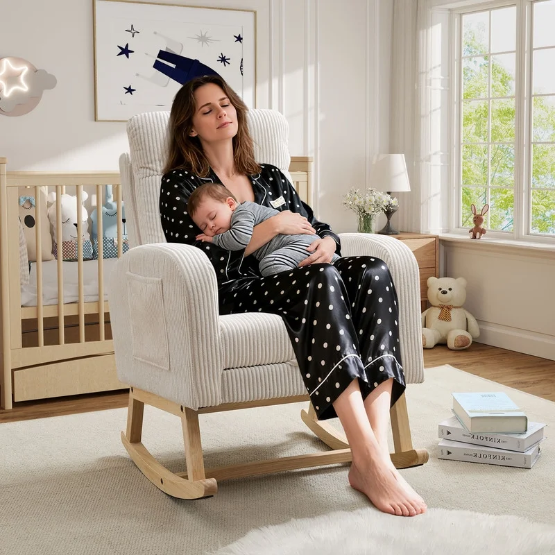 FFH Rocking Chair Nursery, Tufted Accent Rocker Chair, Upholstered Armchair with Adjustable Footrest, Side Pocket, High Backrest, Padded Seat, Polyester Blend (Retro, Dark Gray)