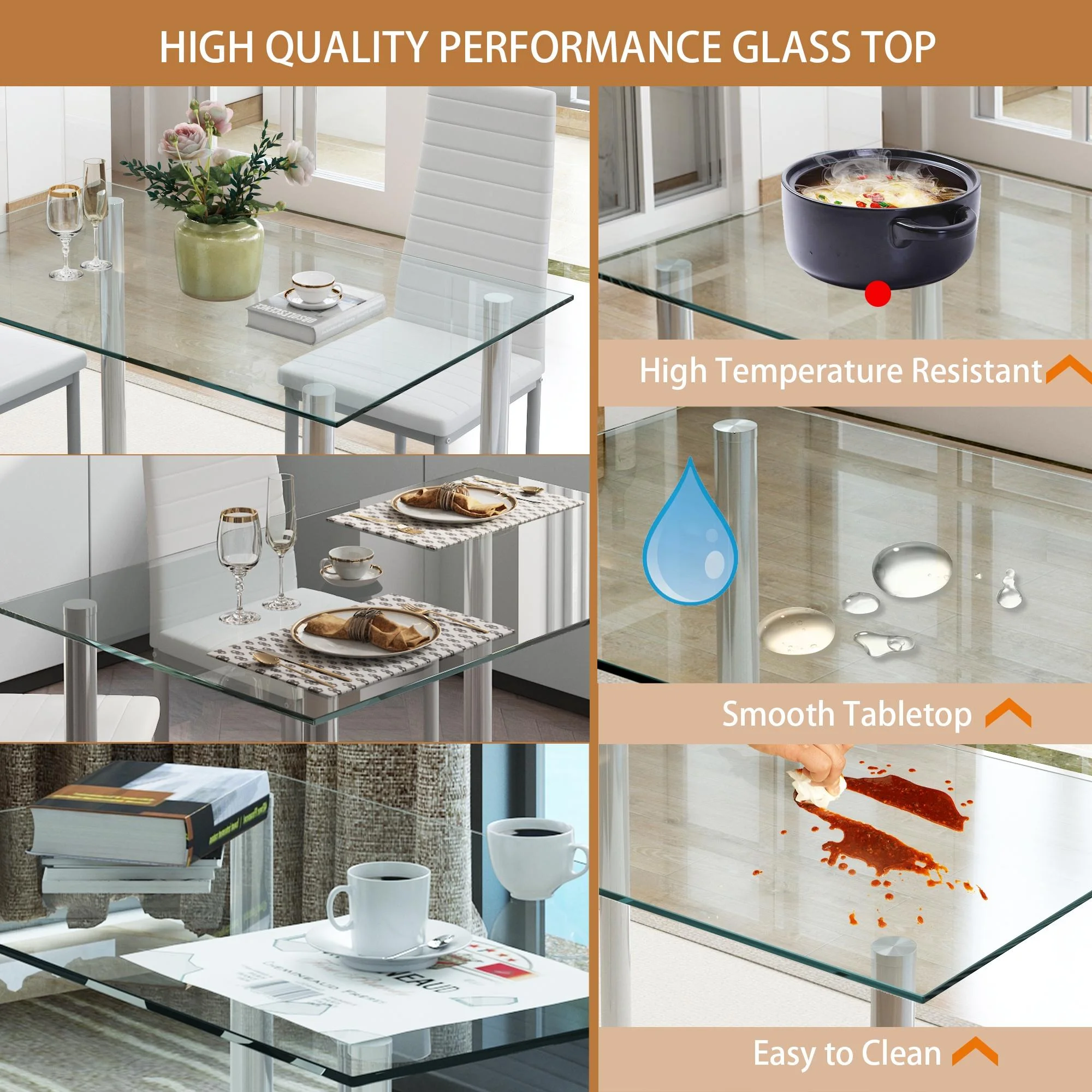 uhomepro White Kitchen Table Set, 5 Pieces Dining Table Set, Tempered Glass Dining Table and Chairs Set for 4, Upgraded Iron Dining Room Table Set with 4 PU Leather Chairs