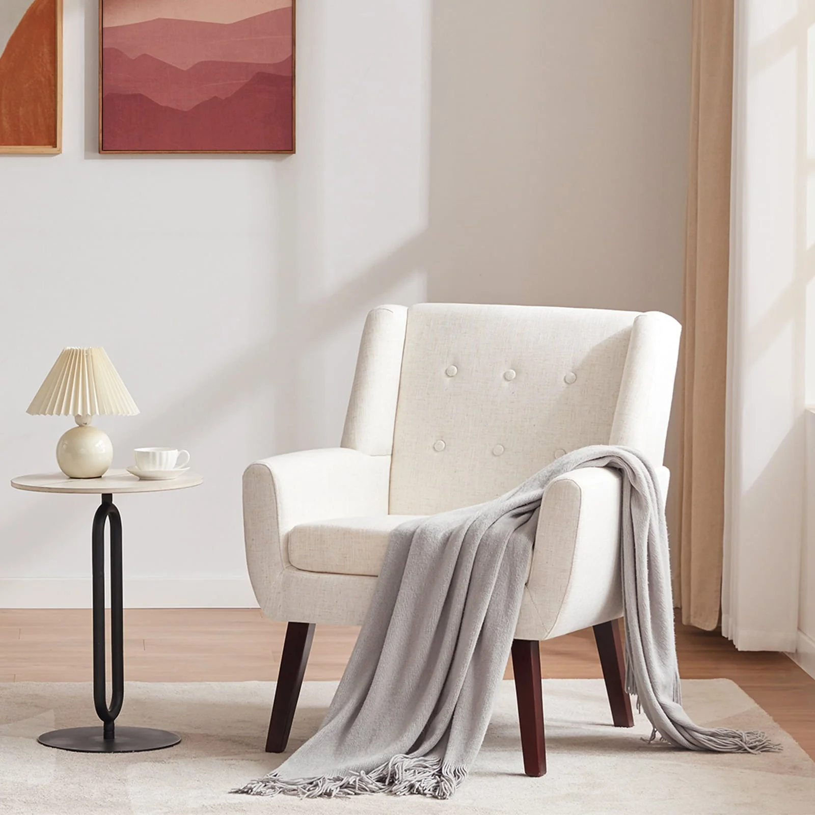 HUIMO  Accent Chair, Button-Tufted Upholstered  Living Room Chairs,  Mid Century Modern Comfy Reading Chairs for Bedroom, Living Room, Beige