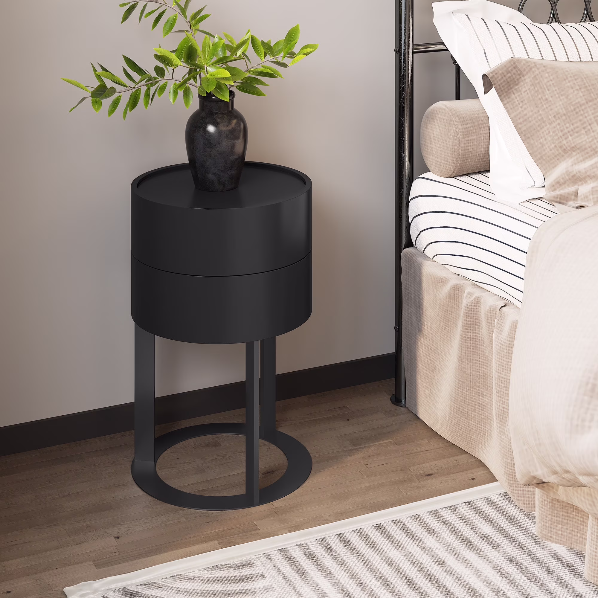 HLR Modern Round Wood Nightstand with Drawer, 2-Tier End Table for Living Room, Bedroom, Black