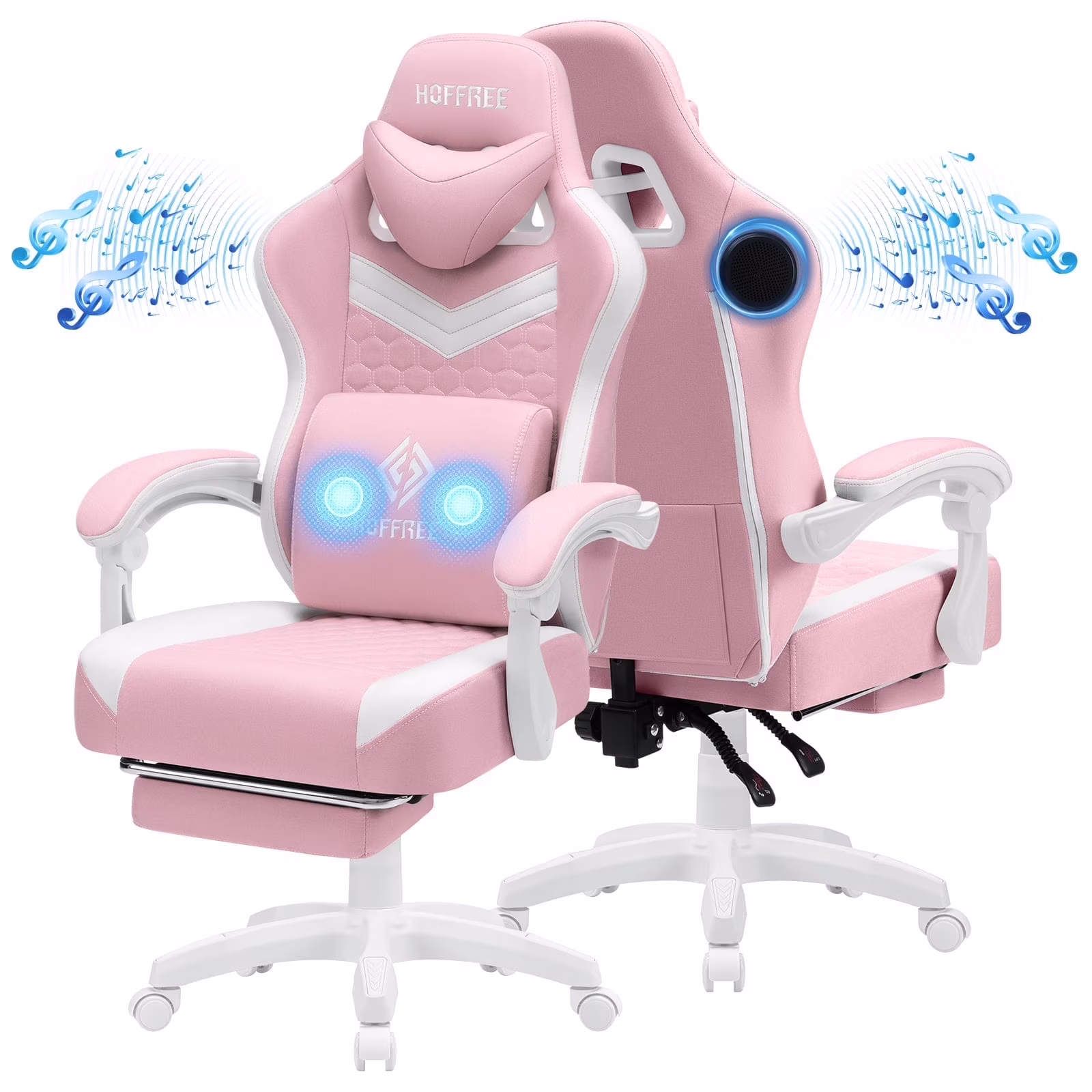 Hoffree Gaming Chair with Speakers Fabric Gamer Chair with footrest and massage Big and Tall Video Game Chair with Headrest and Lumbar Support for Adults