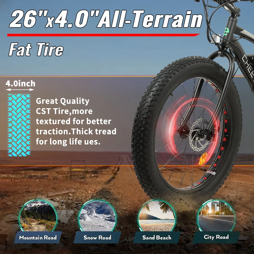 Ecotric 26 In. Electric Bicycle Fat Tire Wheel Snow Beach Mountain E-Riding Adult 36V 500 W Moped E bike