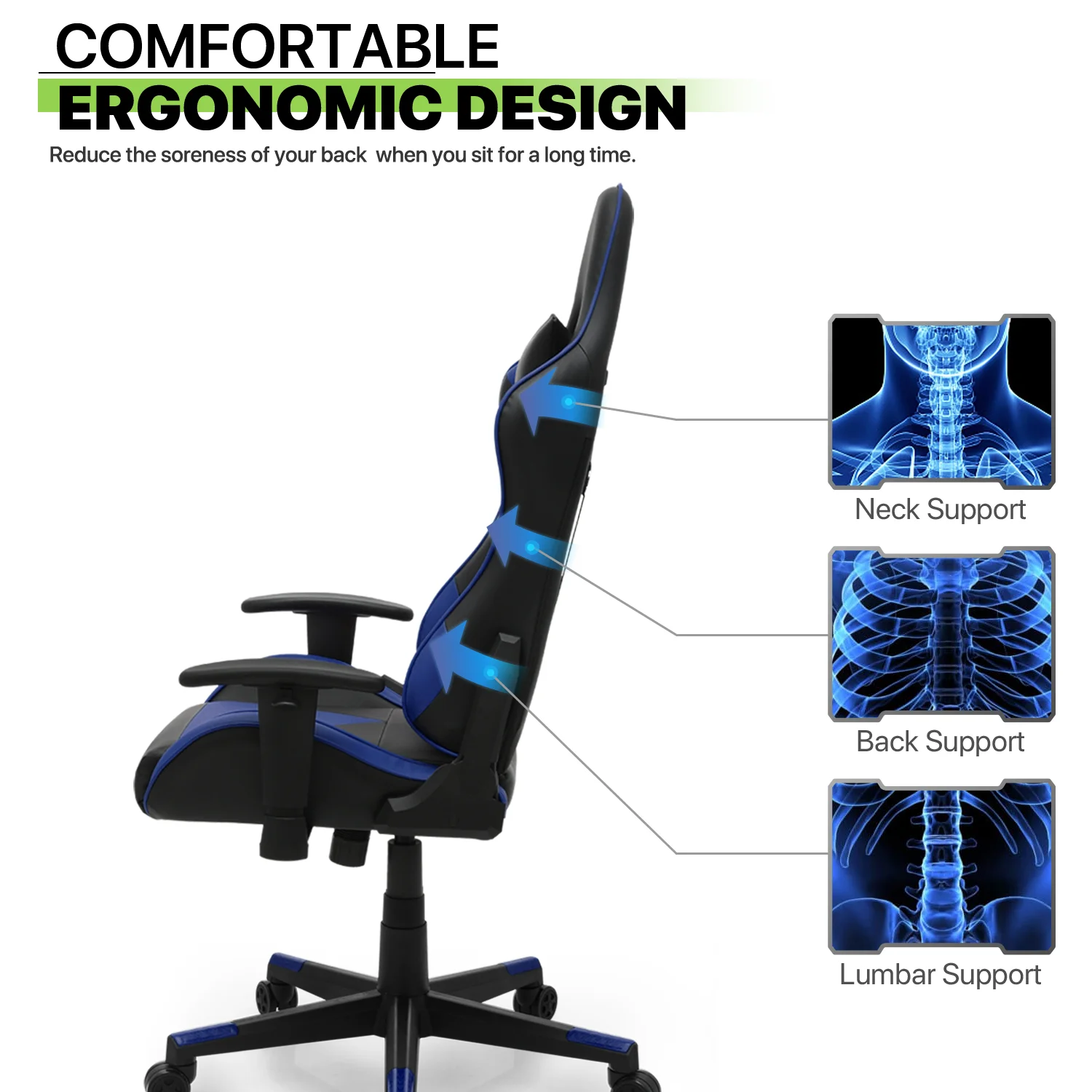 Magshion Ergonomic Gaming Chair, Comfortable Gaming Chair, Computer Chair Leather Desk Chair Adjustable Swivel Gaming Office Chair, Blue
