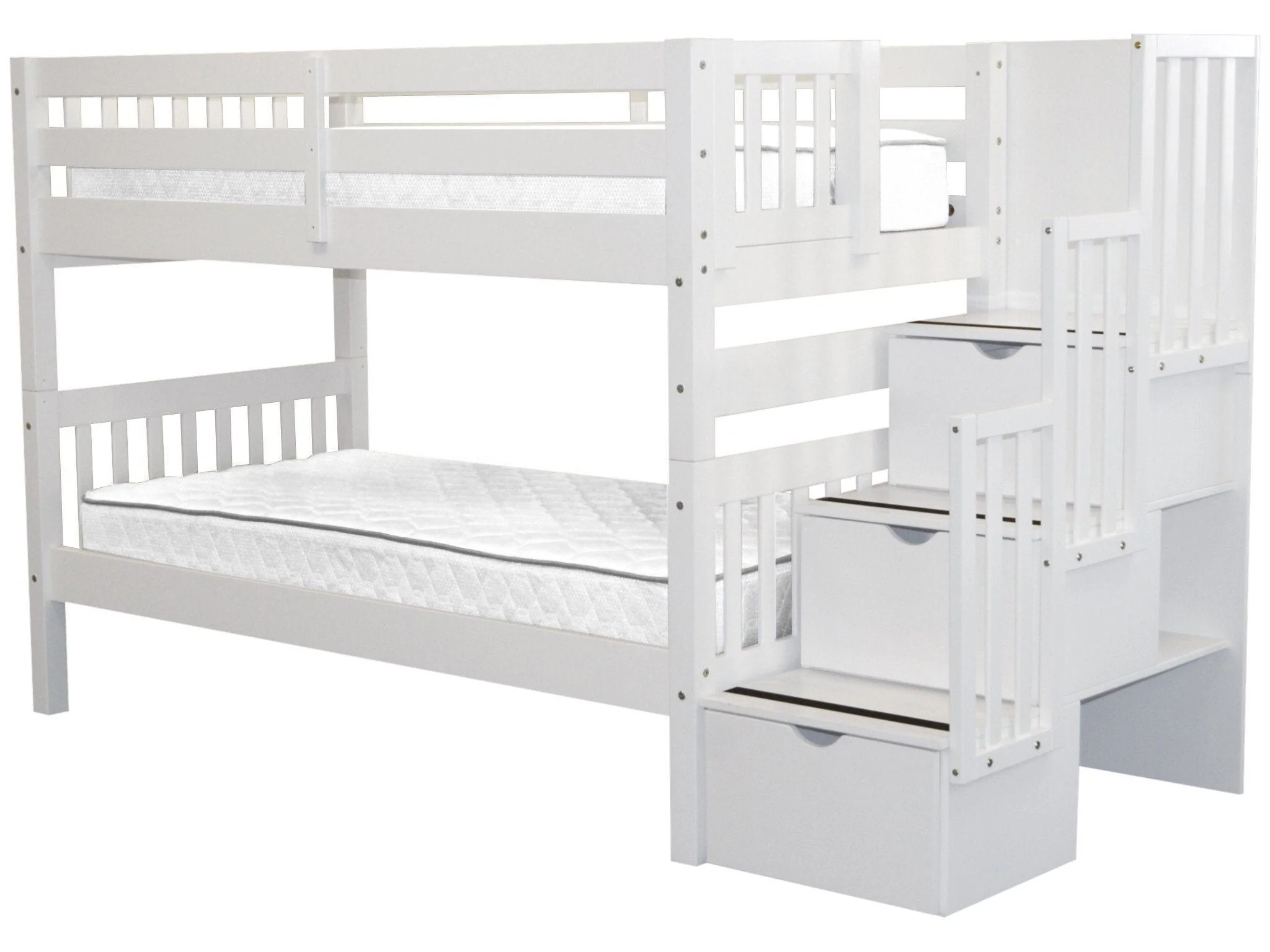 Bedz King Stairway Bunk Beds Twin over Twin with 3 Drawers in the Steps, White