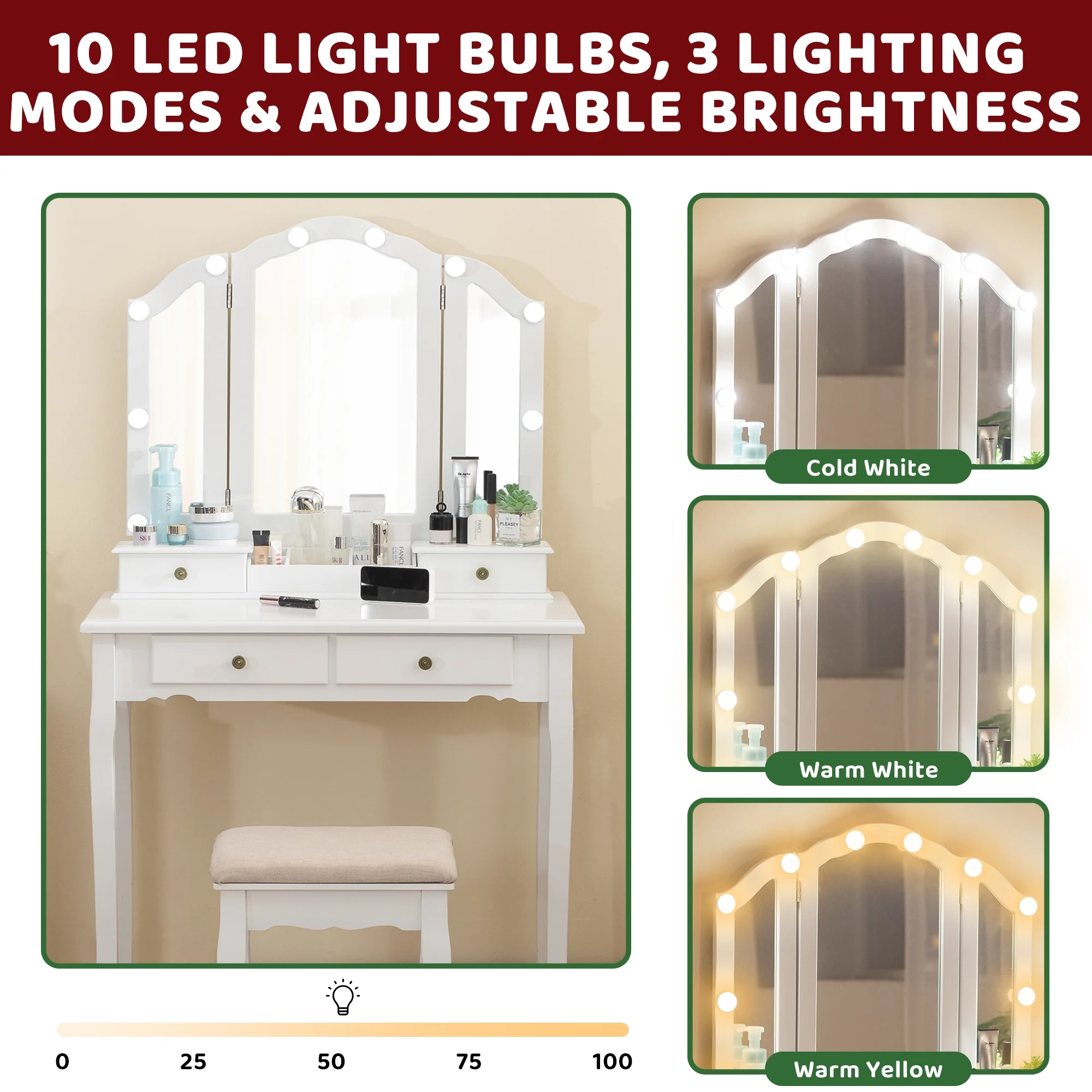 LilyFantasy Makeup Vanity with Lights, Vanity Desk with Cushioned Stool, Tri-fold Vanity Table Set with 4 Drawers, 3 Adjustable Light Modes, 2 Brush Slots, 2 Open Compartments for Girls, Women, White