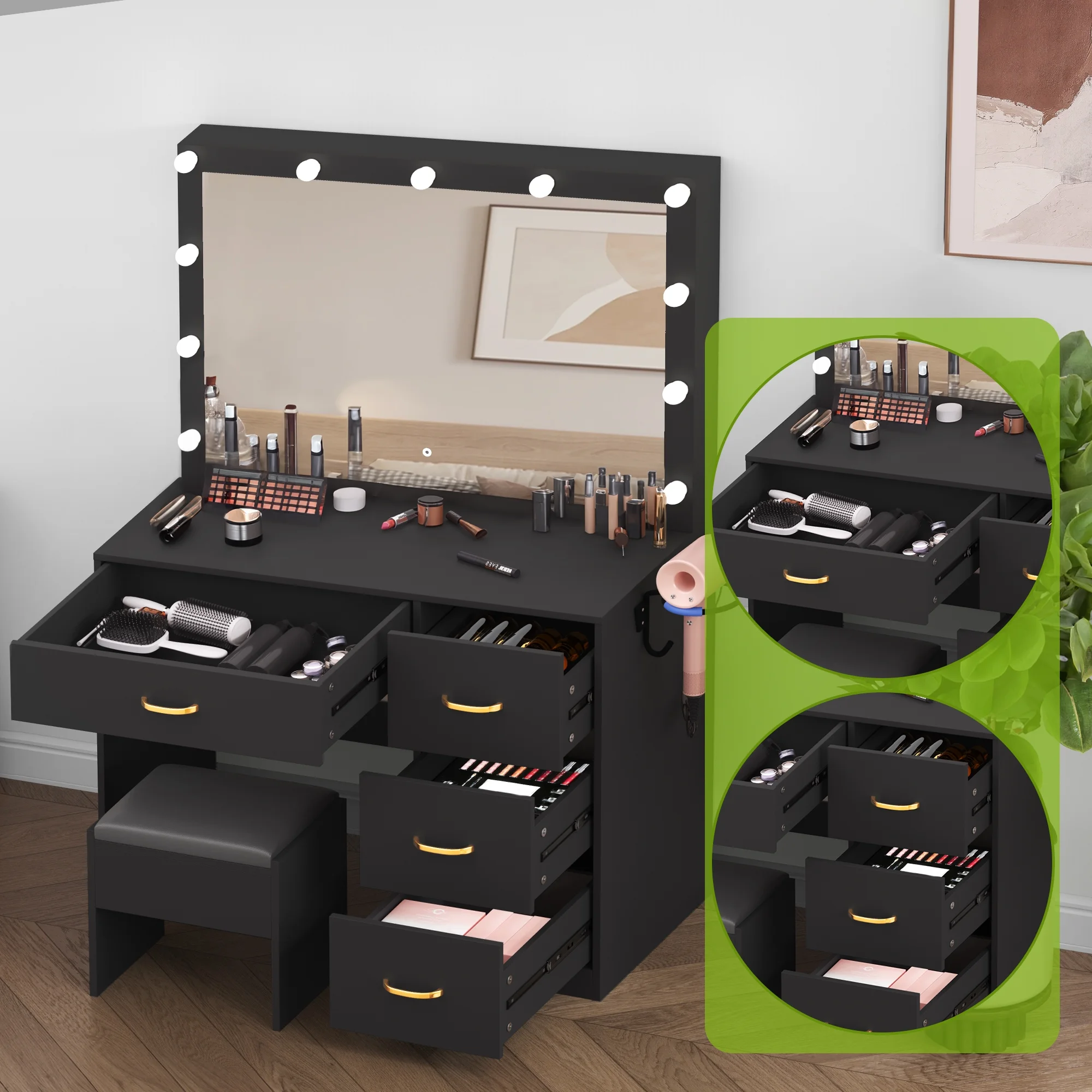 Dextrus Makeup Vanity Desk with Large Lighted Mirror and Storage - Enhance Your Beauty, Routine 4 Drawer Vanity Table with Cushioned Stool, Milky-White