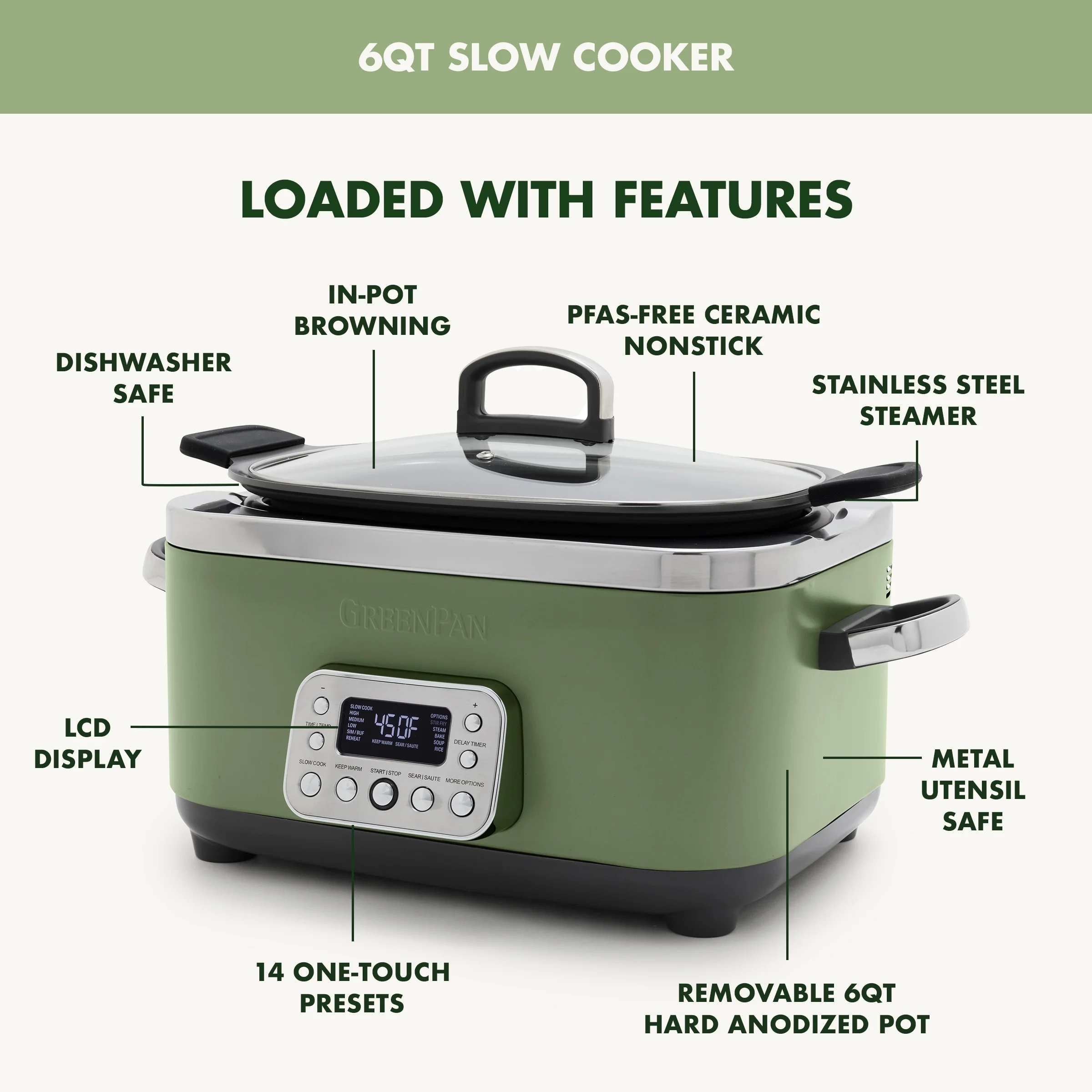 GreenPan 6-Quart, 14-in-1 Slow Cooker, Family Size, Ceramic Nonstick, Dishwasher Safe Parts, Black
