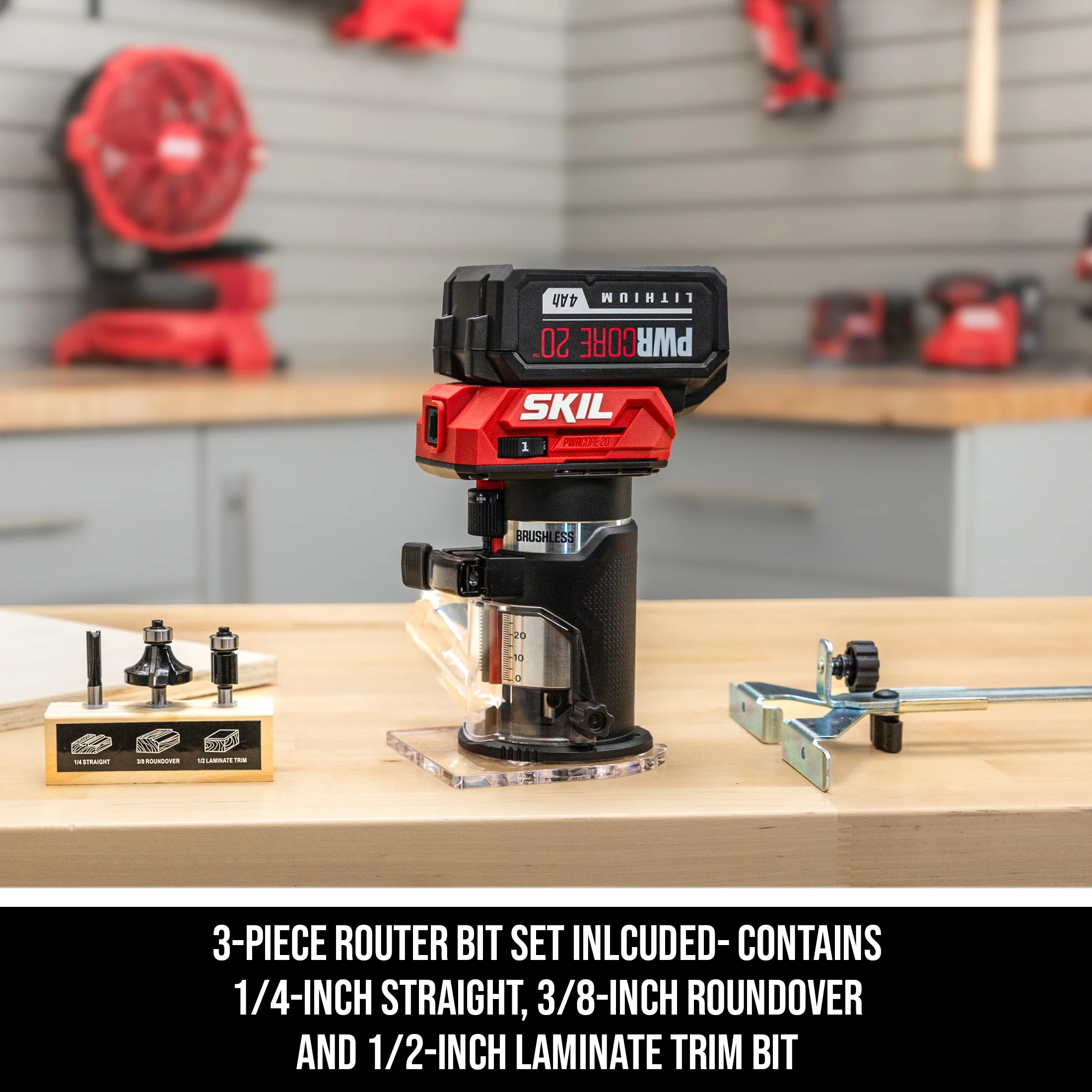 SKIL RT1430B-10 PWR CORE Brushless 20V Compact Router Kit, 3 Piece Bit Set Included with 4.0Ah Battery and Charger
