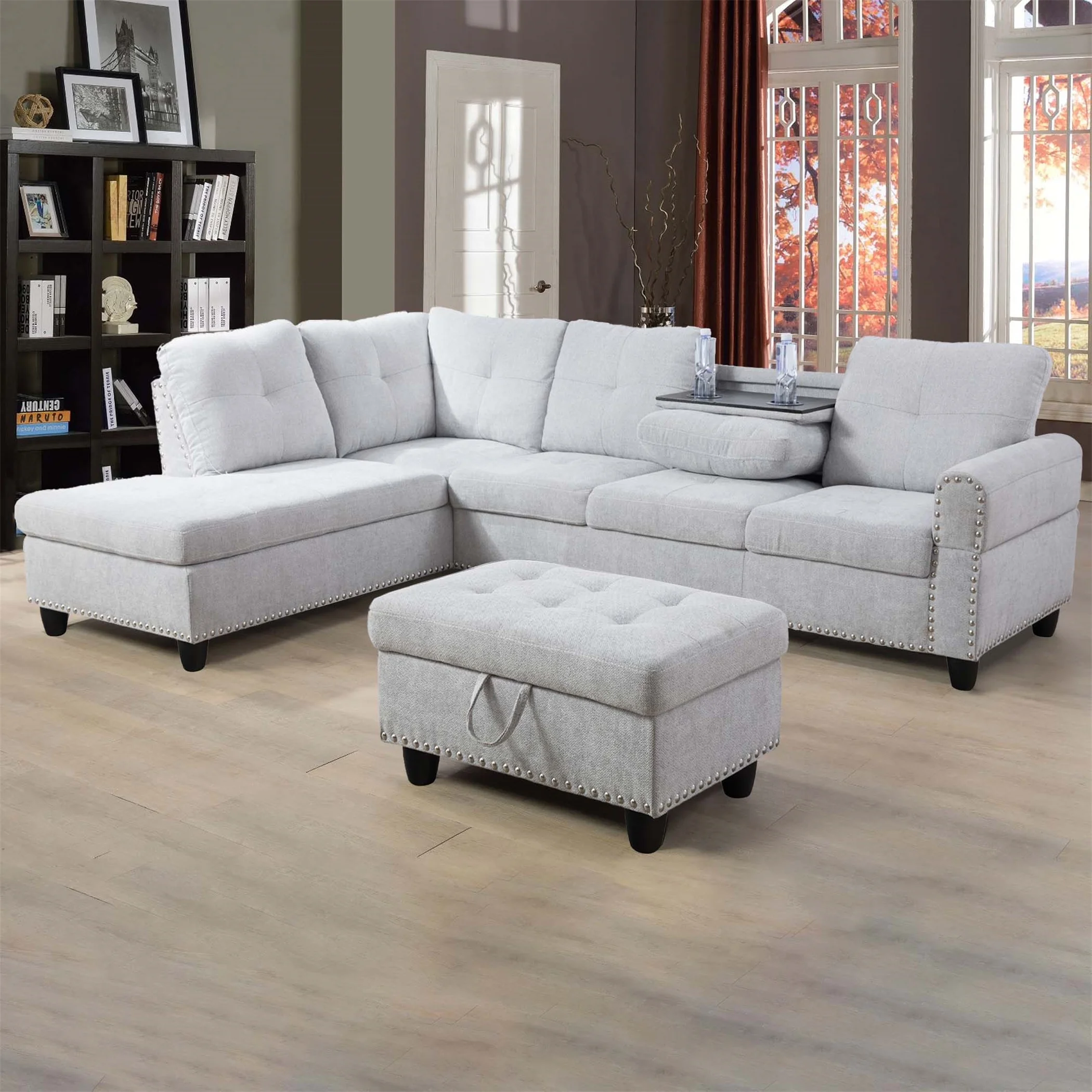 Aukfa 3 Piece Sectional Sofa, Living Room Couch with Storage Ottoman&Cup Holder, Linen, Left Hand, Black Gray