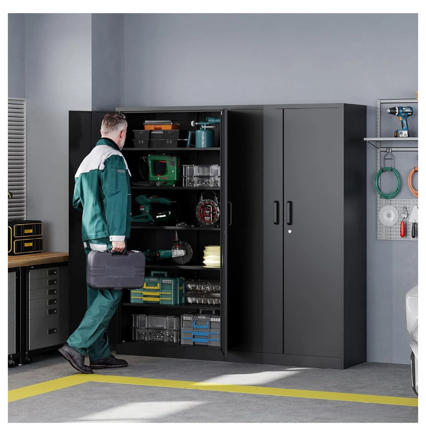 KriKac Metal Storage Cabinets with Lock Doors,Tall Locker Organizer Steel Garage Cabinets, 5 Adjustable Layers Shelves for Home, Office, Warehouse,Tool,Industrial(Black)