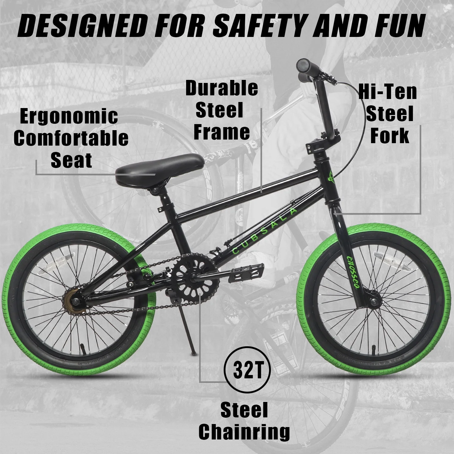 cubsala 20 in Freestyle BMX Kids Bike for Age 6-14 Years Old Boys Girls , Black & Green