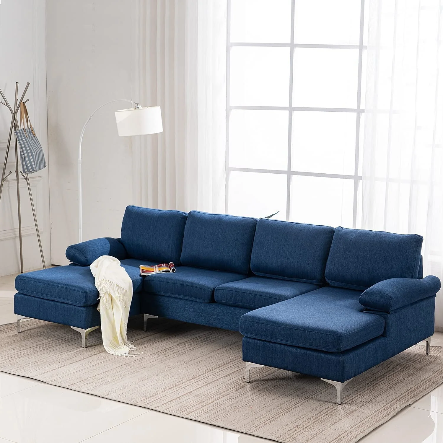 Hommow Linen U-Shape Sectional Sofa, Fabric Couch for Living Room Apartment, Blue