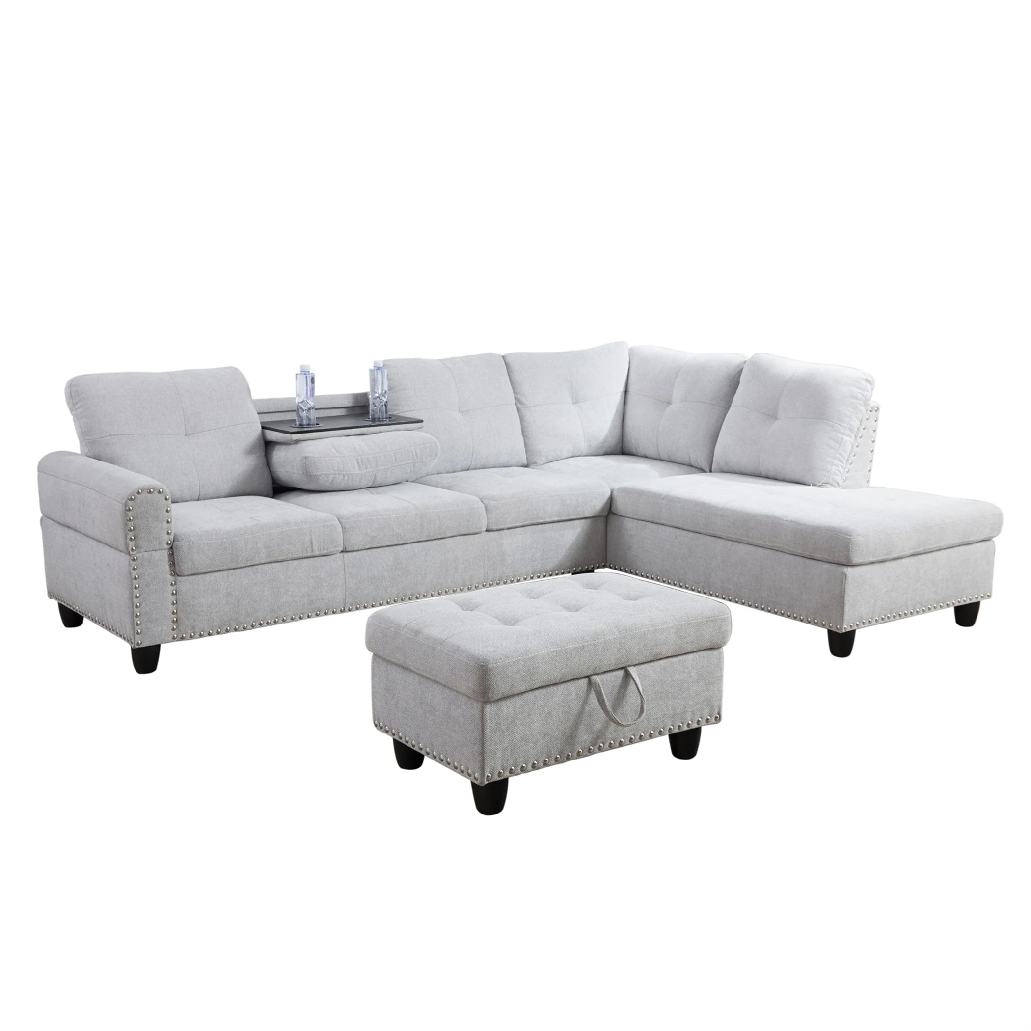 Aukfa 3 Piece Sectional Sofa, Living Room Couch with Storage Ottoman&Cup Holder, Linen, Left Hand, Black Gray