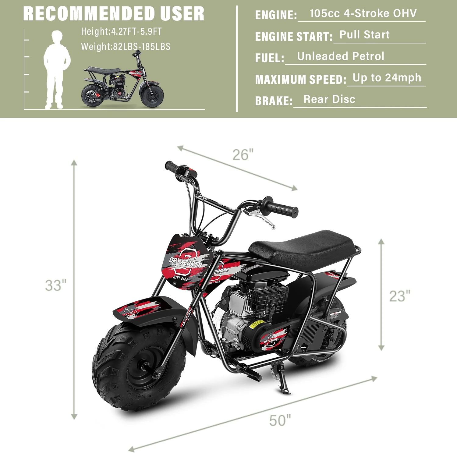 Oryxearth Mini Gas Bike, 105cc 4-Stroke Dirt Off Road Trail, 24mph, Weight Support 165 LBS, Red