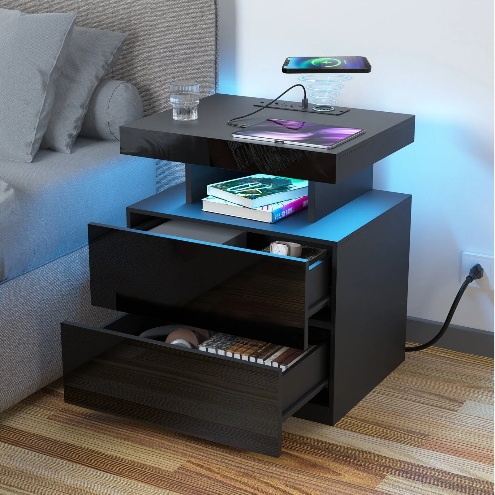 Hommpa LED Nightstand with Wireless Charging Station Modern Nightstand Type C USB Port 2 Drawers Bedside Table Black Smart Night Table High Gloss End Side Table for Bedroom Furniture 22.3