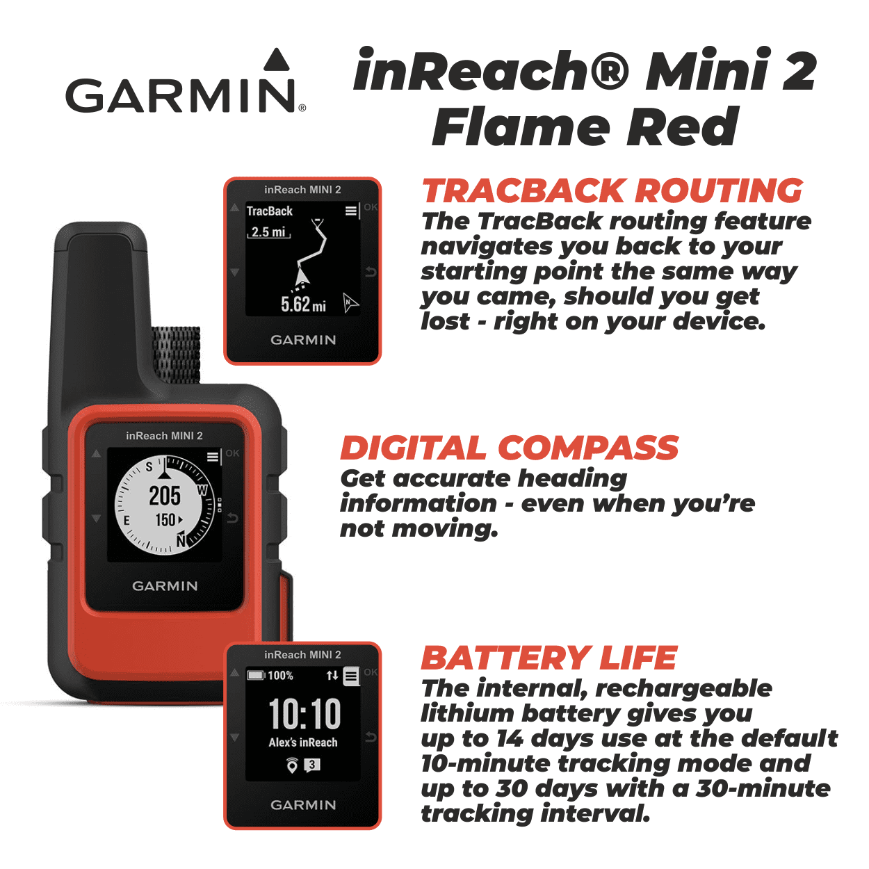 Garmin inReach Mini 2 Satellite Communicator (Flame Red), Hand-Held, Unisex Adult with Wearable4U Power Pack Bundle
